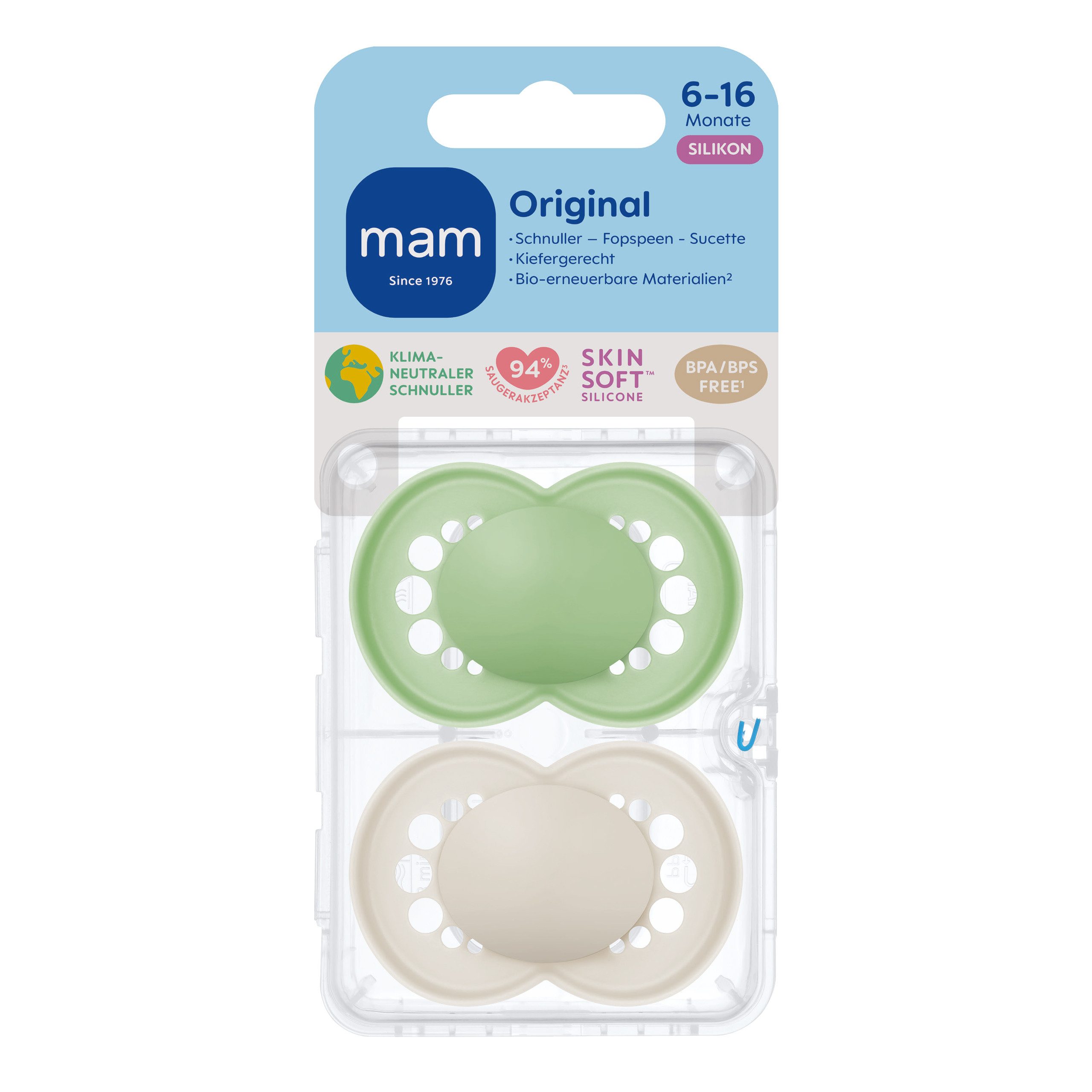 MAM Schnuller Beruhigungssauger Soft Silikon Matt, Verpackung = praktische wiederverwendbare Schnullerbox