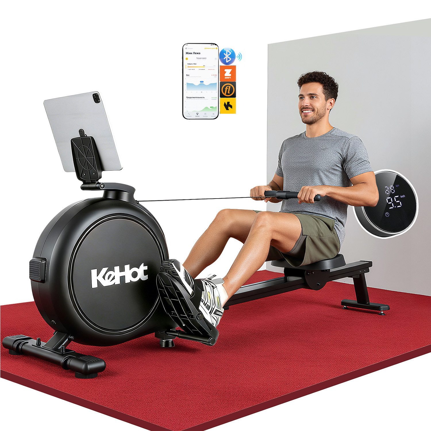 kehot Rudergerät Rudergerät mit elektromagnetischem Widerstand, 32 Stufen (Bluetooth-fähig, kompatibel mit Kinomap & Zwift für Home-Workout, Aluminium-Gleitschiene, 8 kg Schwungrad, bis 136 kg belastbar), Kompaktes Heimtraining mit App-Tracking & Tablet-Halter