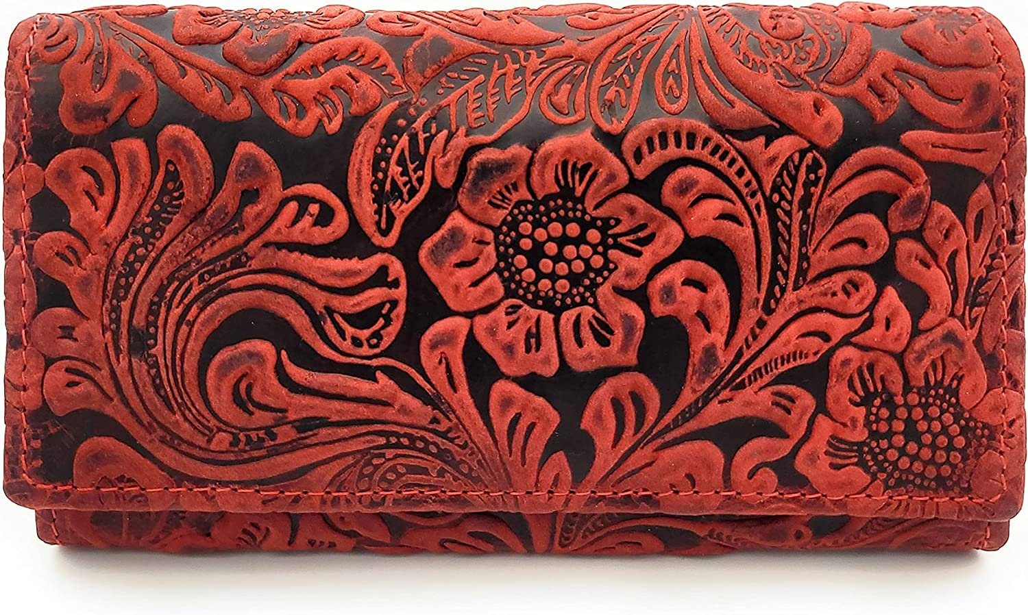 JOCKEY CLUB Geldbörse Liane, geprägtes Rindleder mit floralen Motiven und RFID Schutz Rot