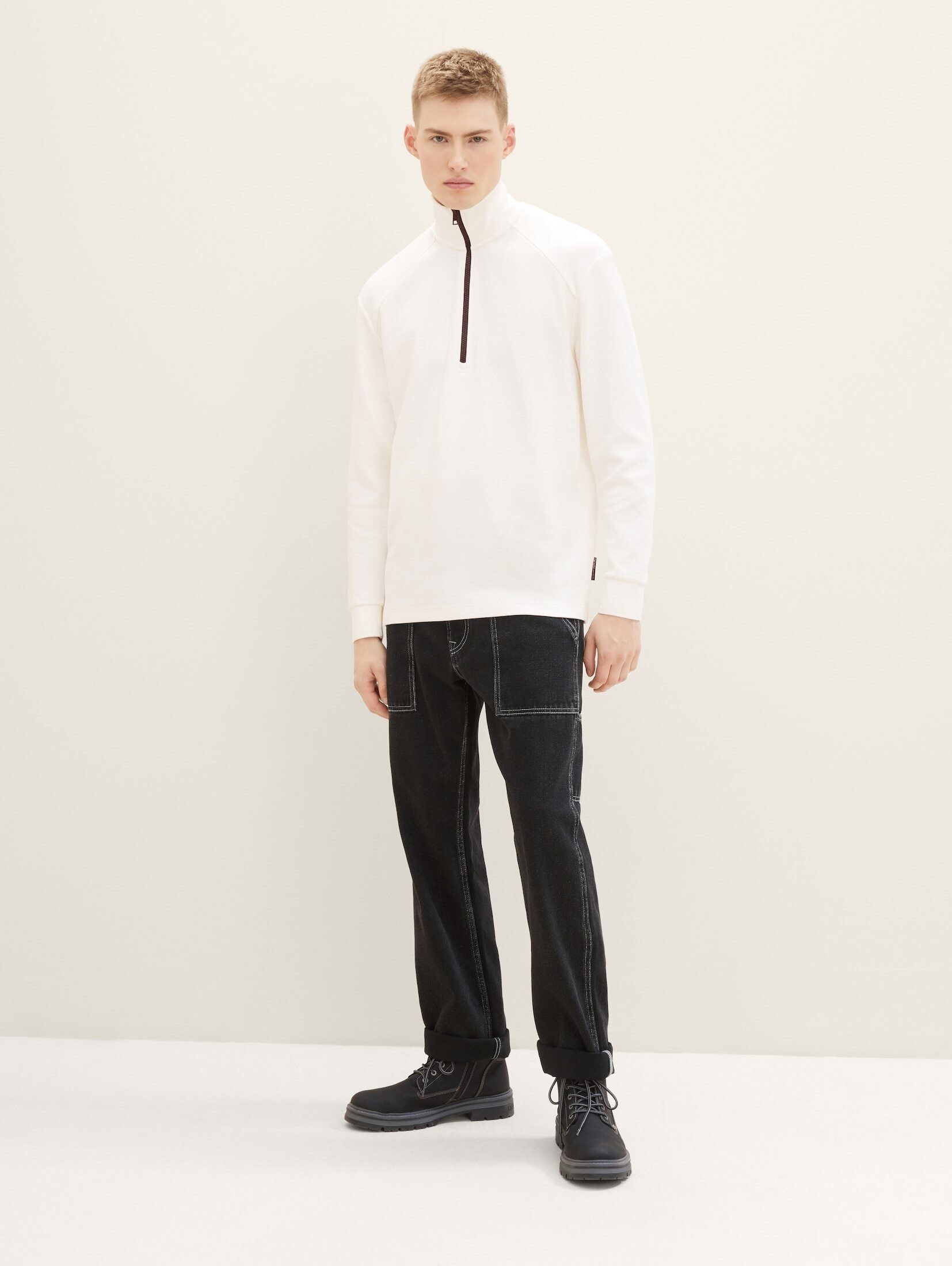 Struktur Denim Langarmshirt TOM mit TAILOR White T-Shirt Wool