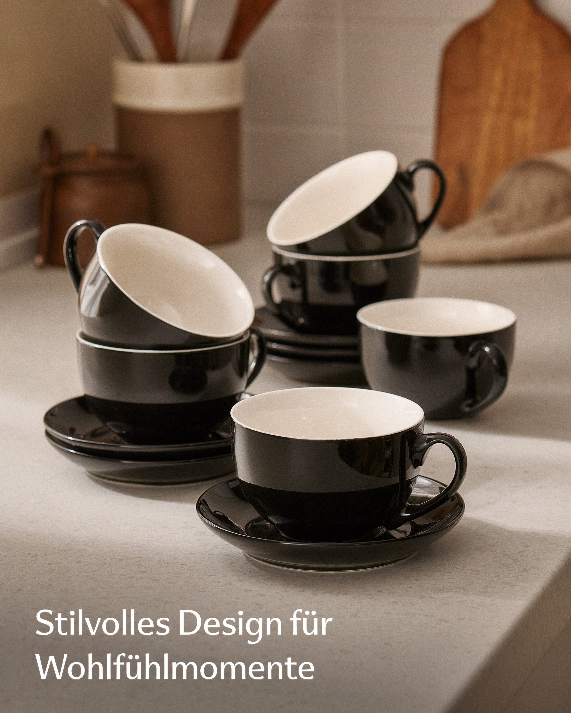 Cosumy Cappuccinotasse Cappuccino Tassen Set 6er mit Untertassen – Kaffeetassen Keramik 180ml, 6-tlg., Keramik, Mit Untertassen - Hält Lange warm - Spülmaschinenfest - 180ml