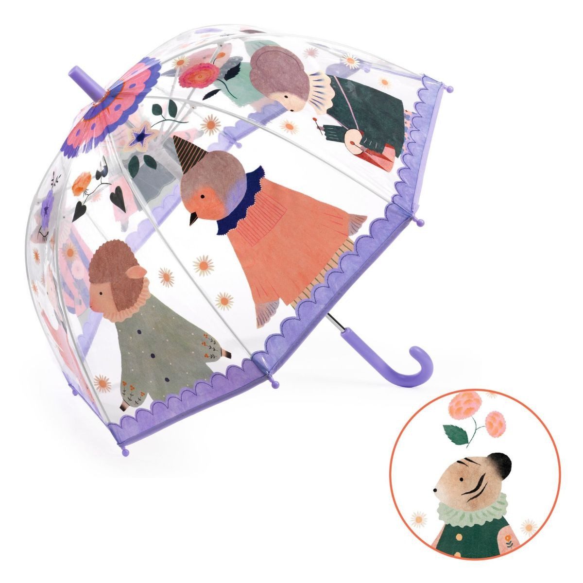DJECO Stockregenschirm Kinder-Regenschirm musikalischen Tieren Transparent Ø 68 x 70 cm lila