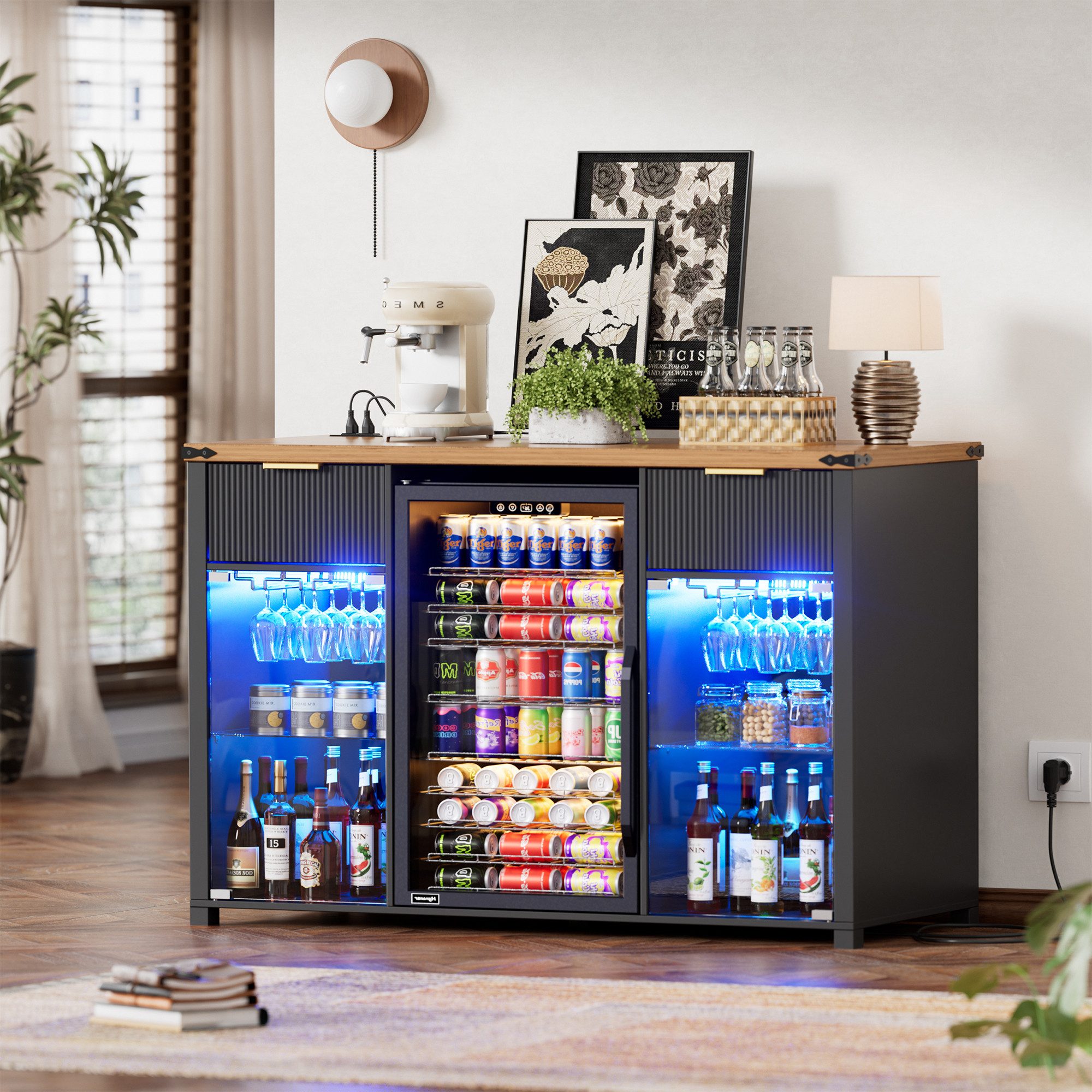 PEALOV Barschrank 3-in-1 Barschrank mit LED, Weinregal und Steckdosen, 135 x 50 x 98 cm (1-St) Buffetschrank mit Stauraum für Mini-Kühlschrank, Küche & Wohnzimm – Bild 4 von 5