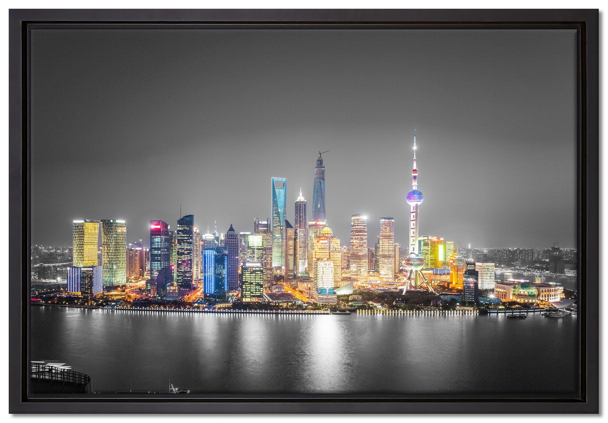 (1 Wanddekoration bespannt, inkl. Nacht, Zackenaufhänger einem Skyline Shanghai fertig St), Leinwandbild bei in gefasst, Schattenfugen-Bilderrahmen Leinwandbild Pixxprint