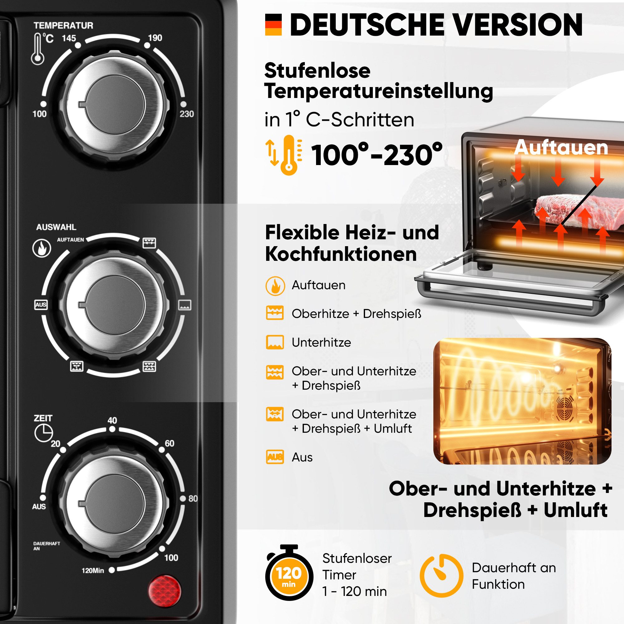 Stillstern Minibackofen MB25-MX 2G (25L) Deutsche Version, Ofenhandschuhe, Rezeptheft, Drehspieß, Timer, Innenbeleuchtung – Bild 5 von 5