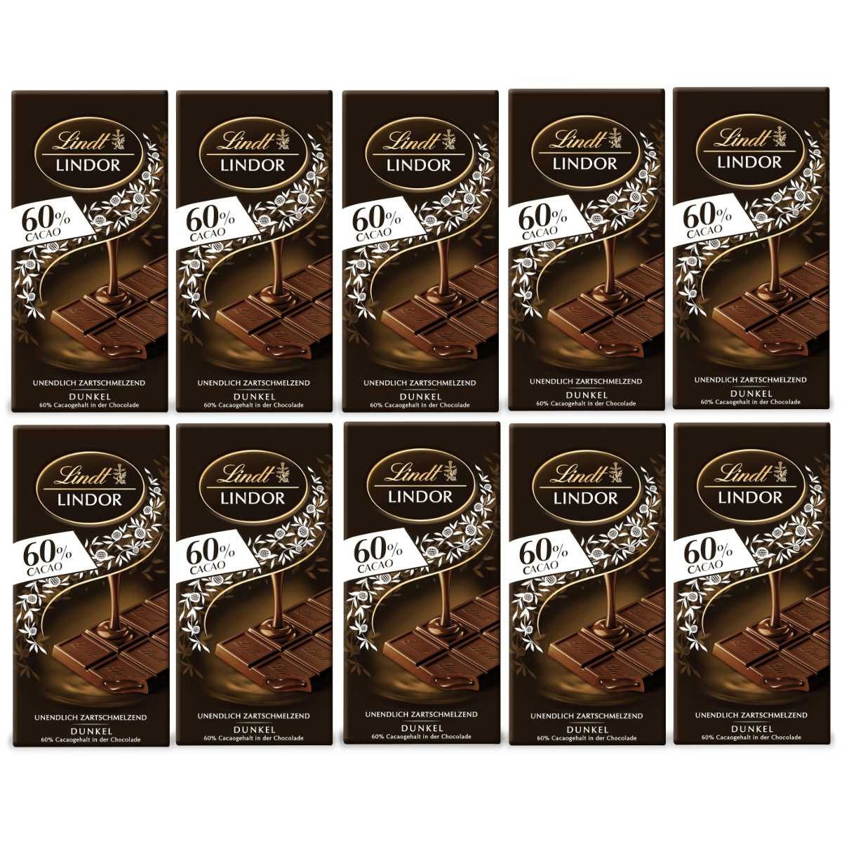 LINDT Schokolade, Lindt Lindor 60 Prozent Cacao Dunkle Schokolade 100g 10er Pack