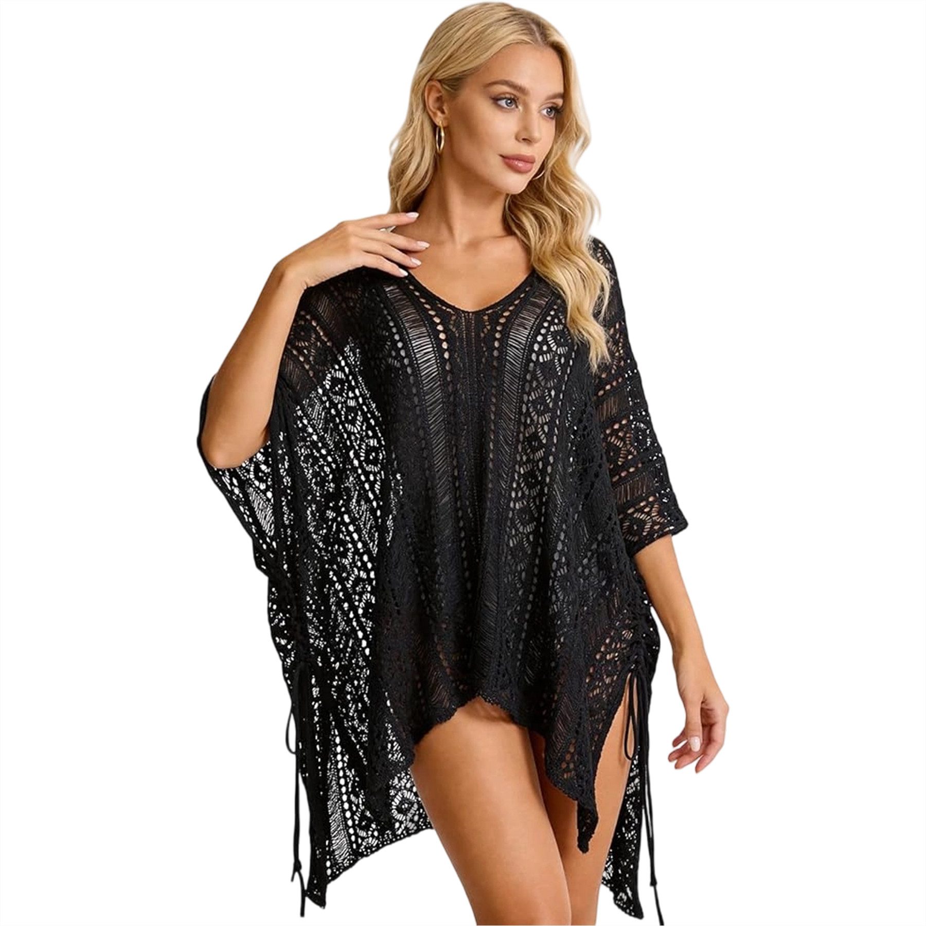 Mutig Strandkleid Damen Bikini Cover Up Strandkleid V-Ausschnitt Poncho gestrickt Kleid (Sommer Sexy Kleider mit Cutout Crochet,Strand Strandtunika, Boho-Stil Häkelkleid Strandurlaub Badeanzug Strandponcho Longbluse) Lockeres, bequemes Kleid ideal für Sommer, Strand, Meer und Urlaub