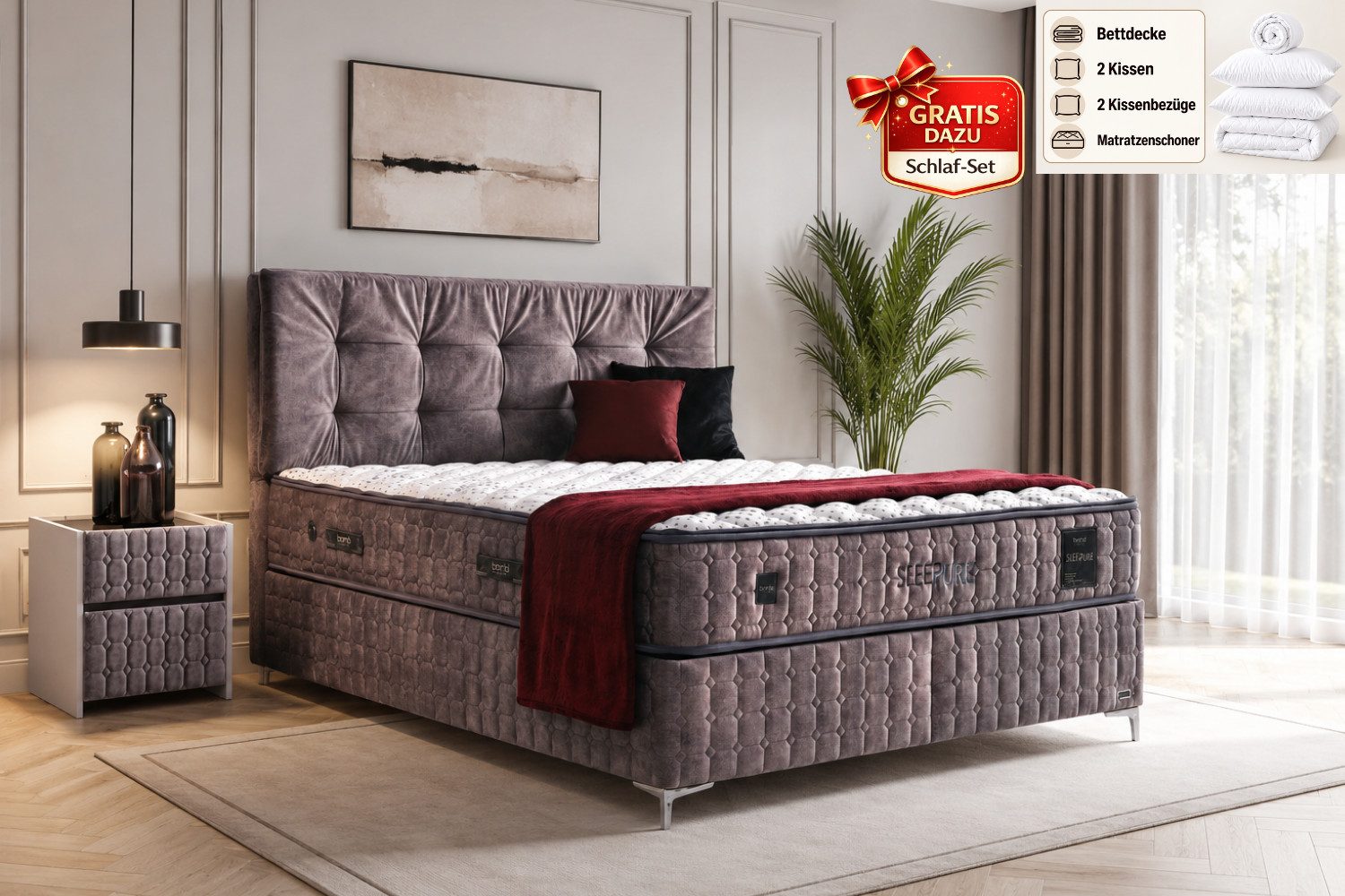 BAMBI YATAK Boxspringbett, Bambi Sleepure, Bett mit Bettkasten, Matratze & Stauraum, H3/H4 Fest (120x200 Taschenfederkern Matratze, 1 x Matratze, 2 x Bettkasten, 1 x Bettkopfteil), Abnehmbarer & Waschbarer Topper mit Reißverschluss, Matratzenhöhe:31cm