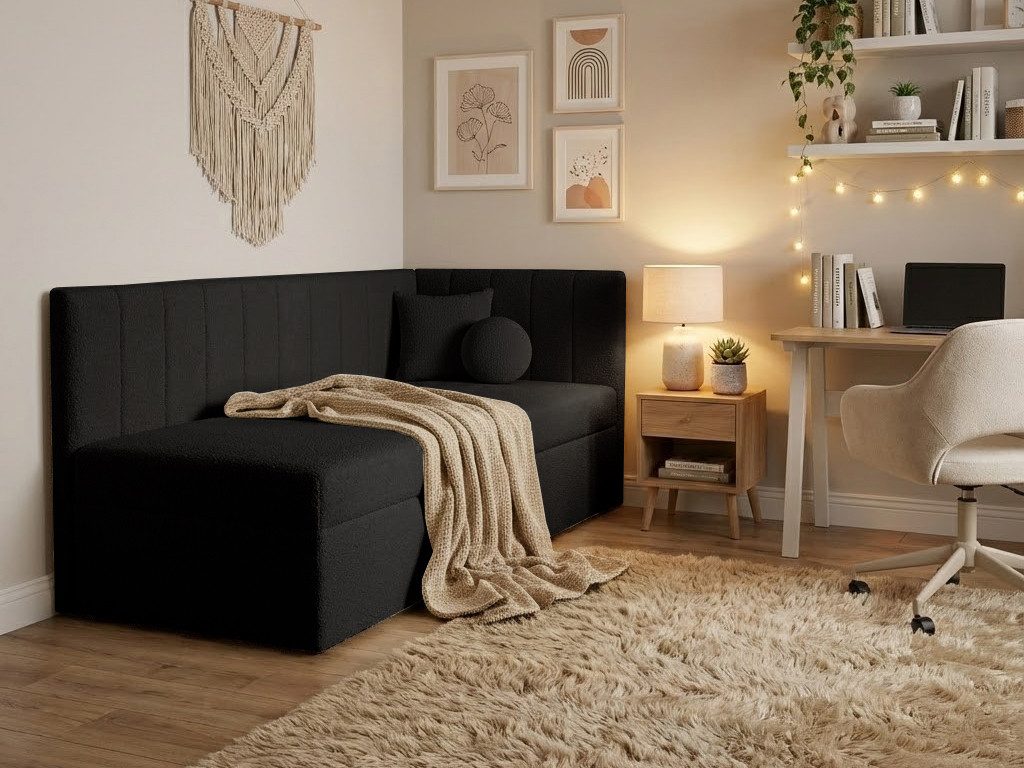 Beautysofa Einzelbett 90×200 mit Bettkasten RAFI (modernes Eckbett aus Bouclé-Stoff, für Kinder- und Jugendzimmer), mit Topper und Kissen