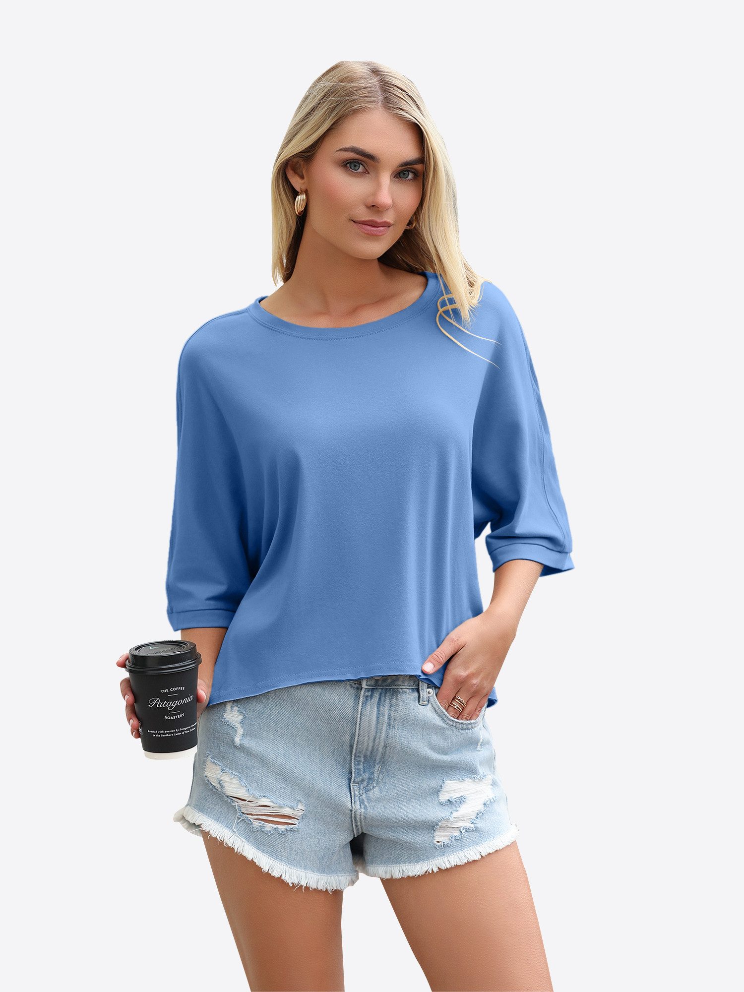 Imily Bela T-Shirt Damen Oversized Cropped Shirt Rundhals Casual Oberteil (Packung, 1-tlg., 1per-Pack) mit 3/4-Ärmeln und abgerundetem Saum in Unifarbe – Bild 4 von 5