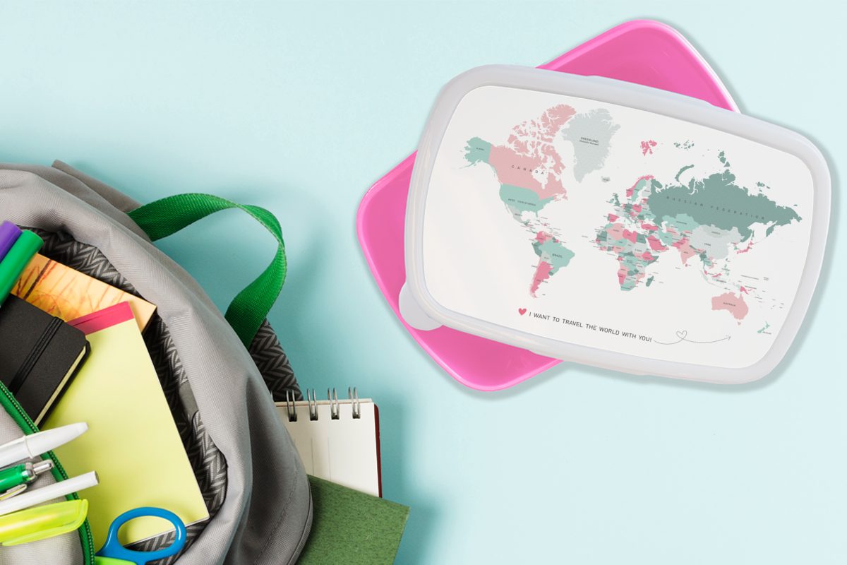 Lunchbox Brotdose für Kunststoff Mädchen, Topographie, Kunststoff, - Pastell Snackbox, MuchoWow Brotbox Weltkarte - (2-tlg), Erwachsene, Kinder, rosa