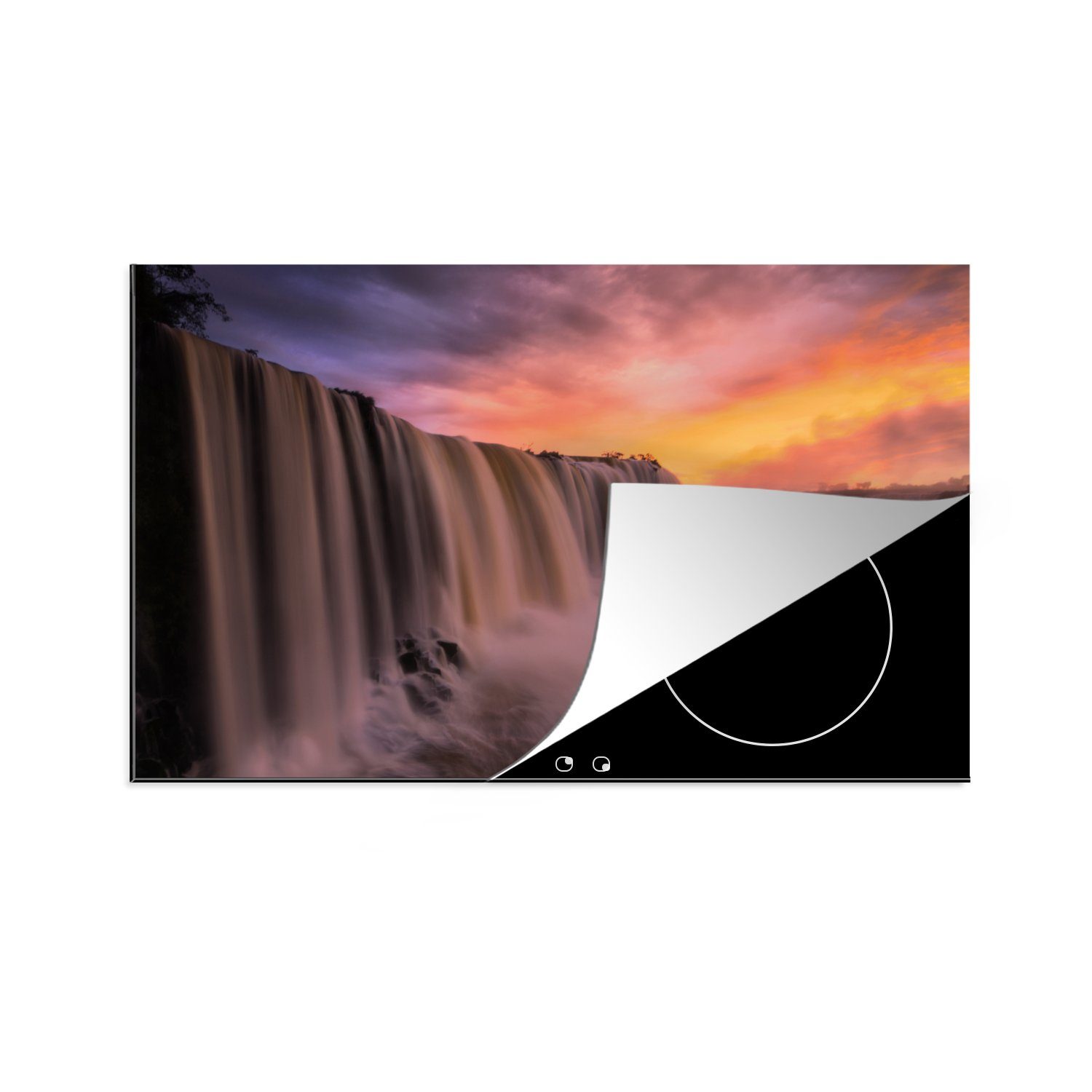 MuchoWow Herdblende-/Abdeckplatte Wasserfall - Sonnenuntergang - Natur, Vinyl, (1 tlg), 81x52 cm, Induktionskochfeld Schutz für die küche, Ceranfeldabdeckung