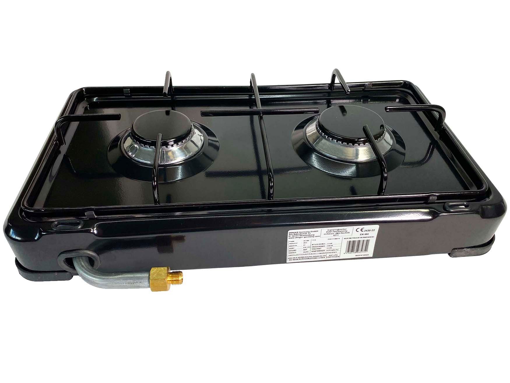 GARDINGER Taschenkocher Duo base Campingkocher schwarz zweiflammig Schlauchreglerset 30 mbar, (Set, 3-St), Alugussbrenner, zweiflammig, 2,00 kW / 1,5 kW