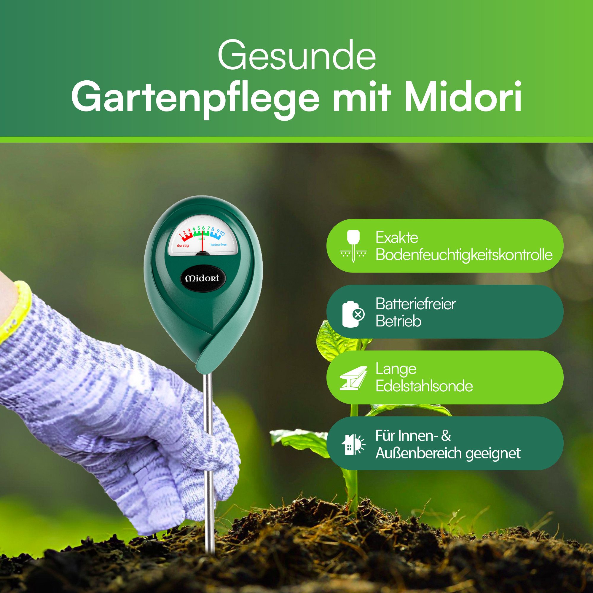 Midori Hygrometer, (1-St), 1 x Midori Boden-Feuchtigkeitsmesser Messgerät Hydrometer Grün 17,5cm