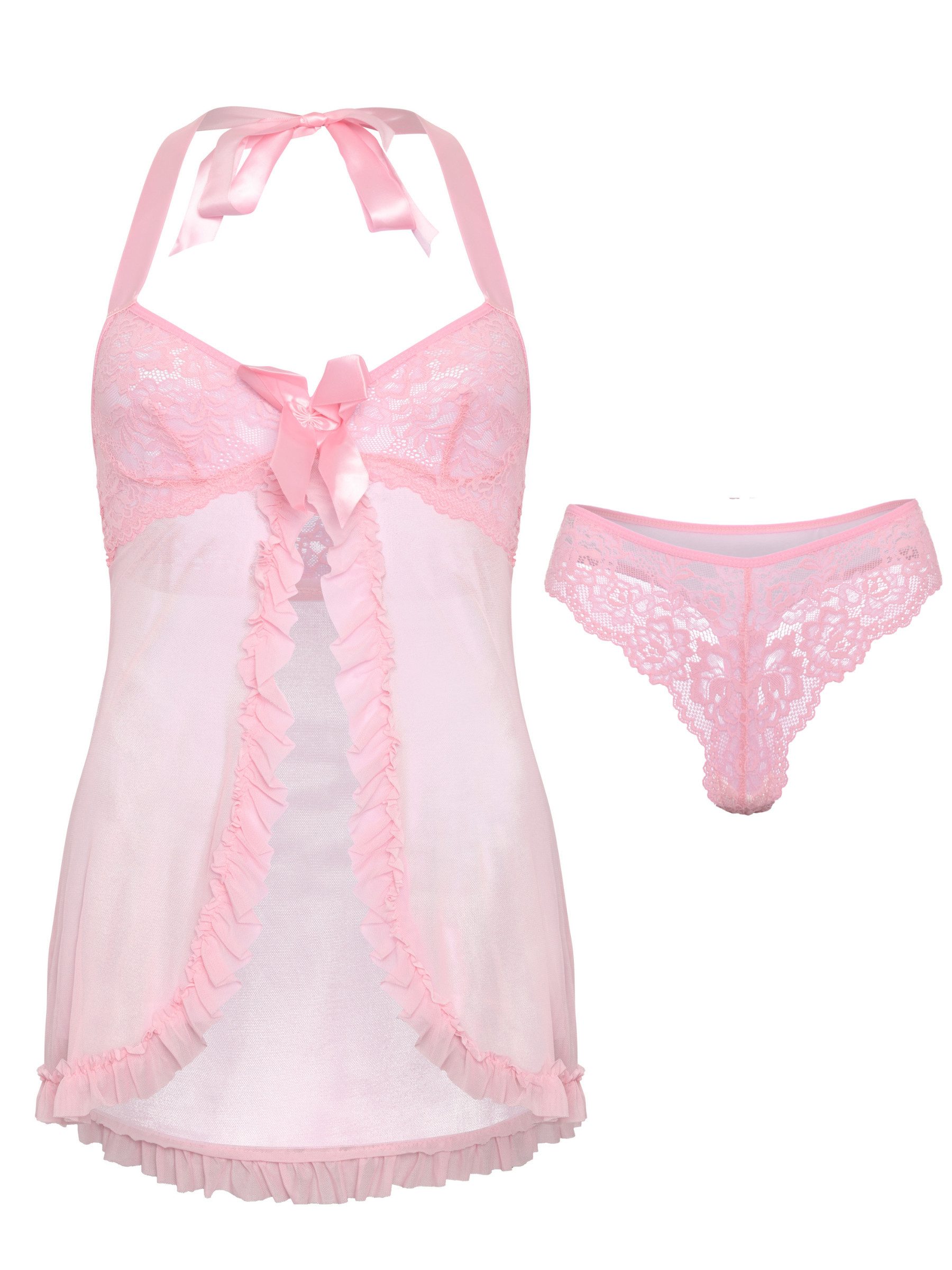 Orchibelle Babydollkleid Neckholder-Lingerie mit Spitze & Schleife – Damen Reizwäsche-Set (Set, 2-tlg., mit Slip) Sexy Negligé – Elegantes Nachthemd, Nachtwäsche & Schlafkleid