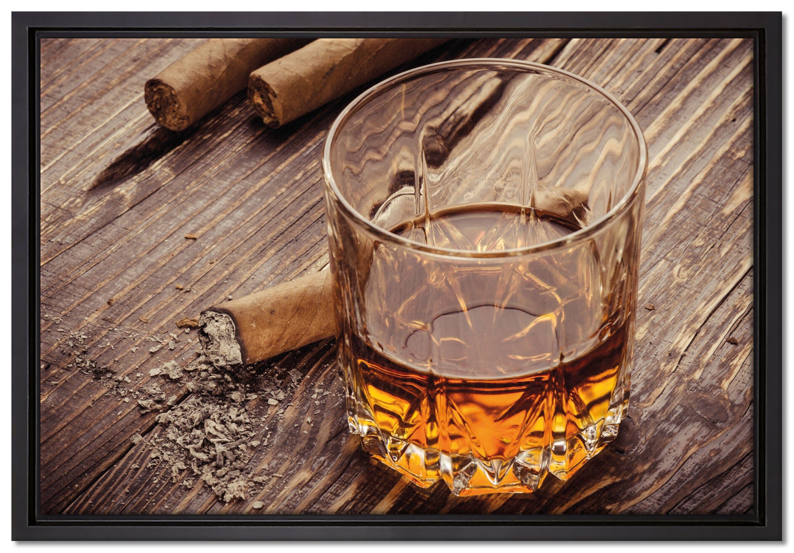 Leinwandbild fertig gefasst, Whiskey und St), Pixxprint einem Zigarren, Schattenfugen-Bilderrahmen Leinwandbild Zackenaufhänger inkl. (1 in bespannt, Wanddekoration
