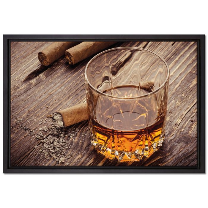 Pixxprint Leinwandbild Whiskey und Zigarren Wanddekoration (1 St) Leinwandbild fertig bespannt in einem Schattenfugen-Bilderrahmen gefasst inkl. Zackenaufhänger