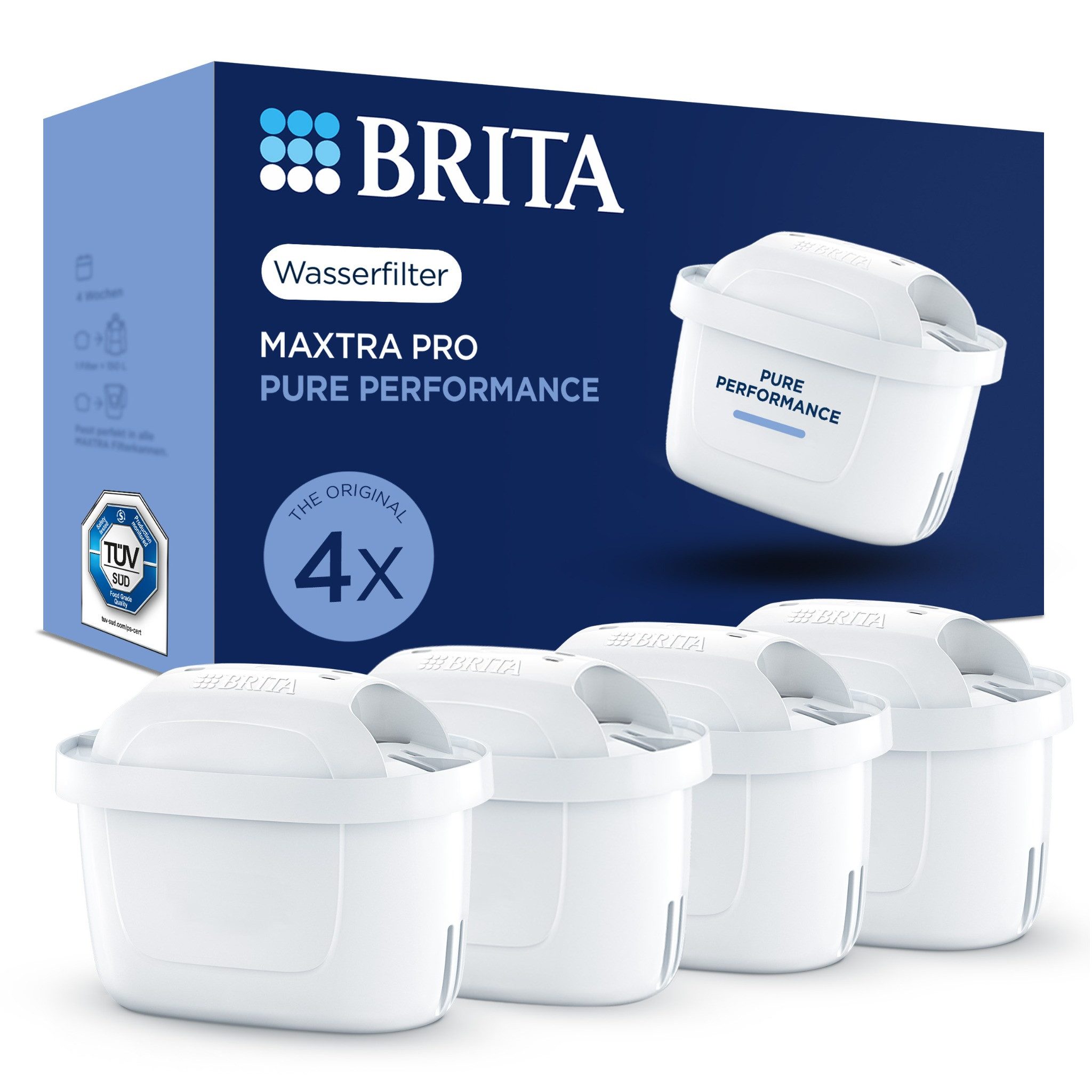 BRITA Wasserfilter Kartuschen MAXTRA PRO Pure Performance - 4er-Pack, Original Ersatz-Wasserfilter für BRITA-Kannen, reduziert Chlor, Kalk…
