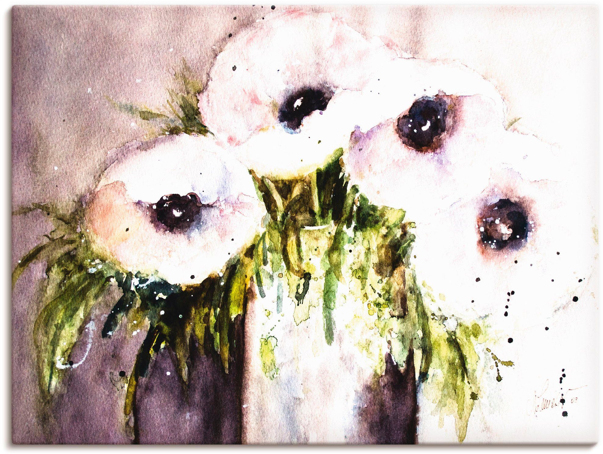 Artland Leinwandbild Lila Mohn in Vase, Blumen (1 St), auf Holzrahmen gespannt