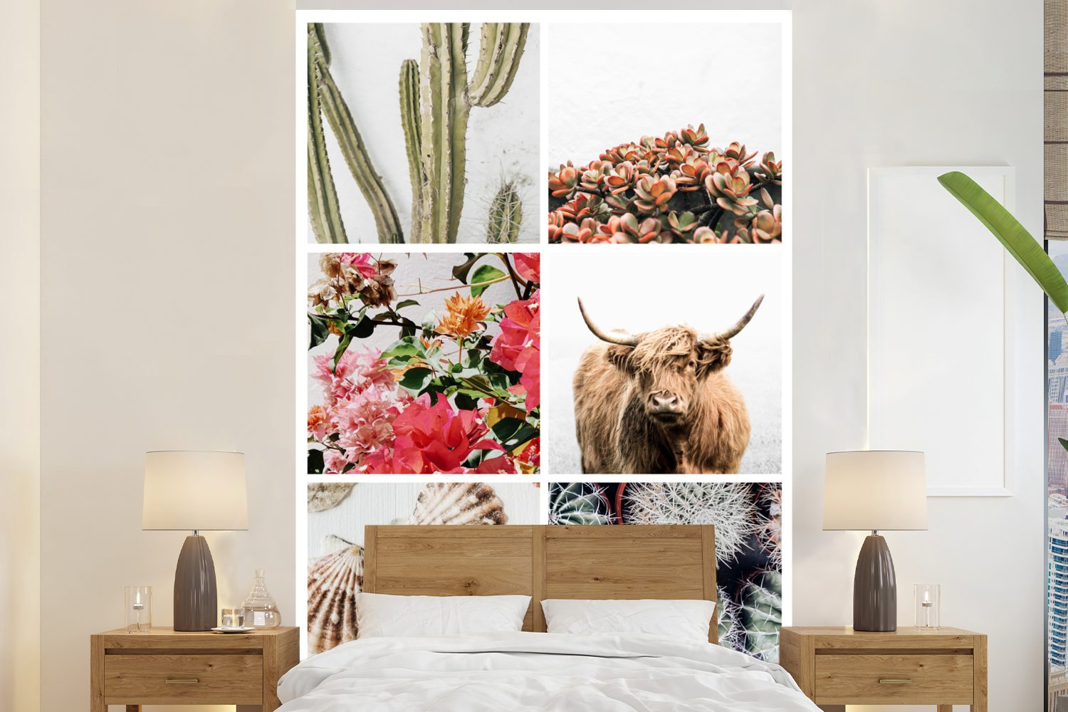 MuchoWow Fototapete Schottischer Highlander - Collage - Blumen - Kaktus, Matt, bedruckt, (3 St), Montagefertig Vinyl Tapete für Wohnzimmer, Wandtapete