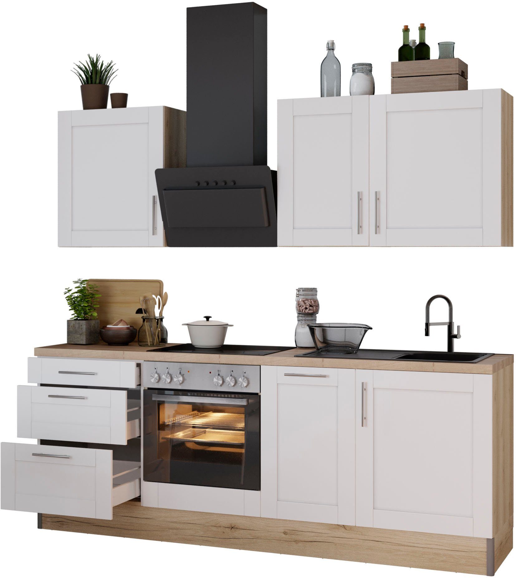 KOCHSTATION Küche KS-Ahus, Breite 225 cm,wahlweise mit E-Geräten,MDF Fronten,Soft Close Funktion