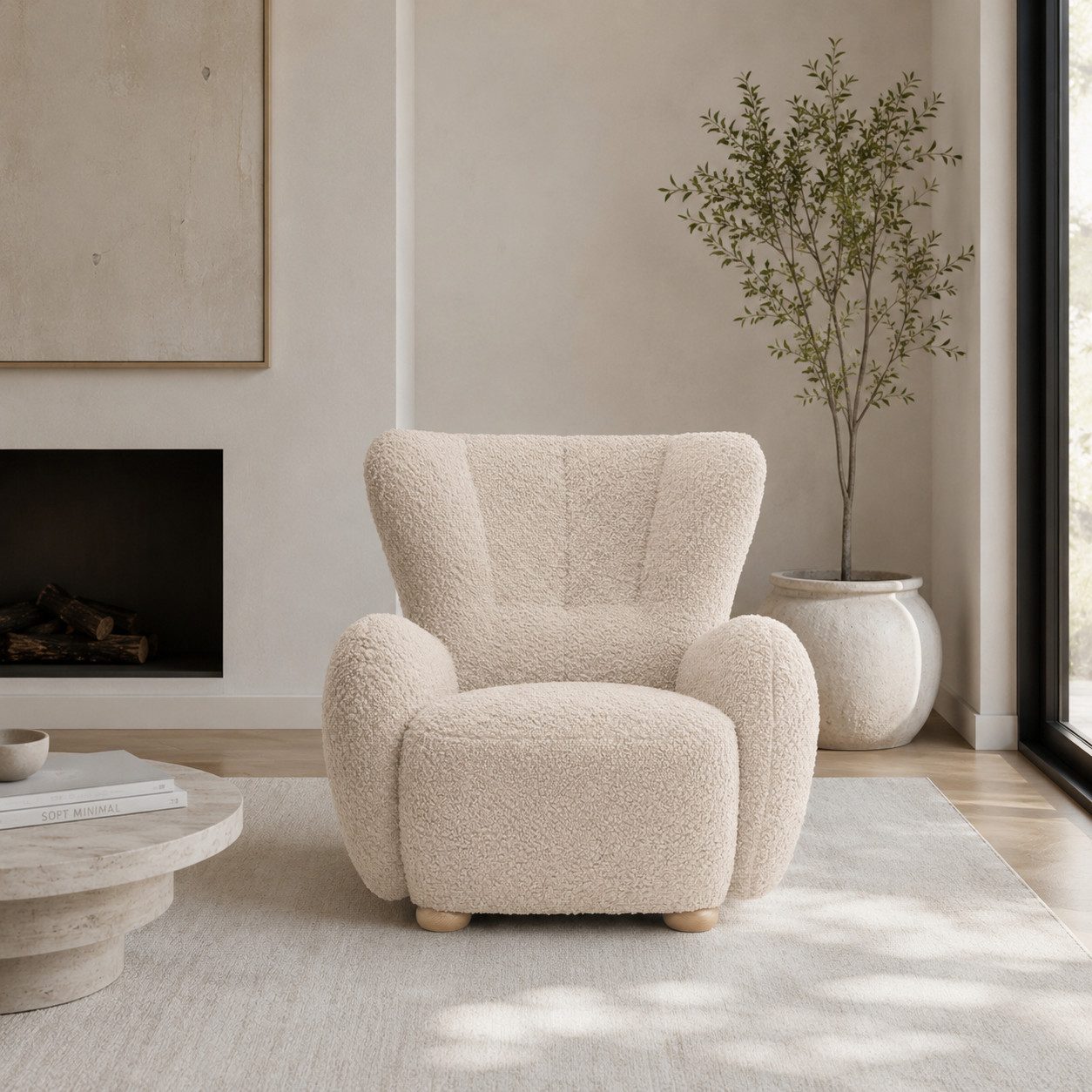 Goldstoff Sessel HUGSY Relaxsessel Boucle mit hoher Rückenlehne – Skandi & Boho Stil (Einzelsessel, Loungesessel), mit Relaxfunktion