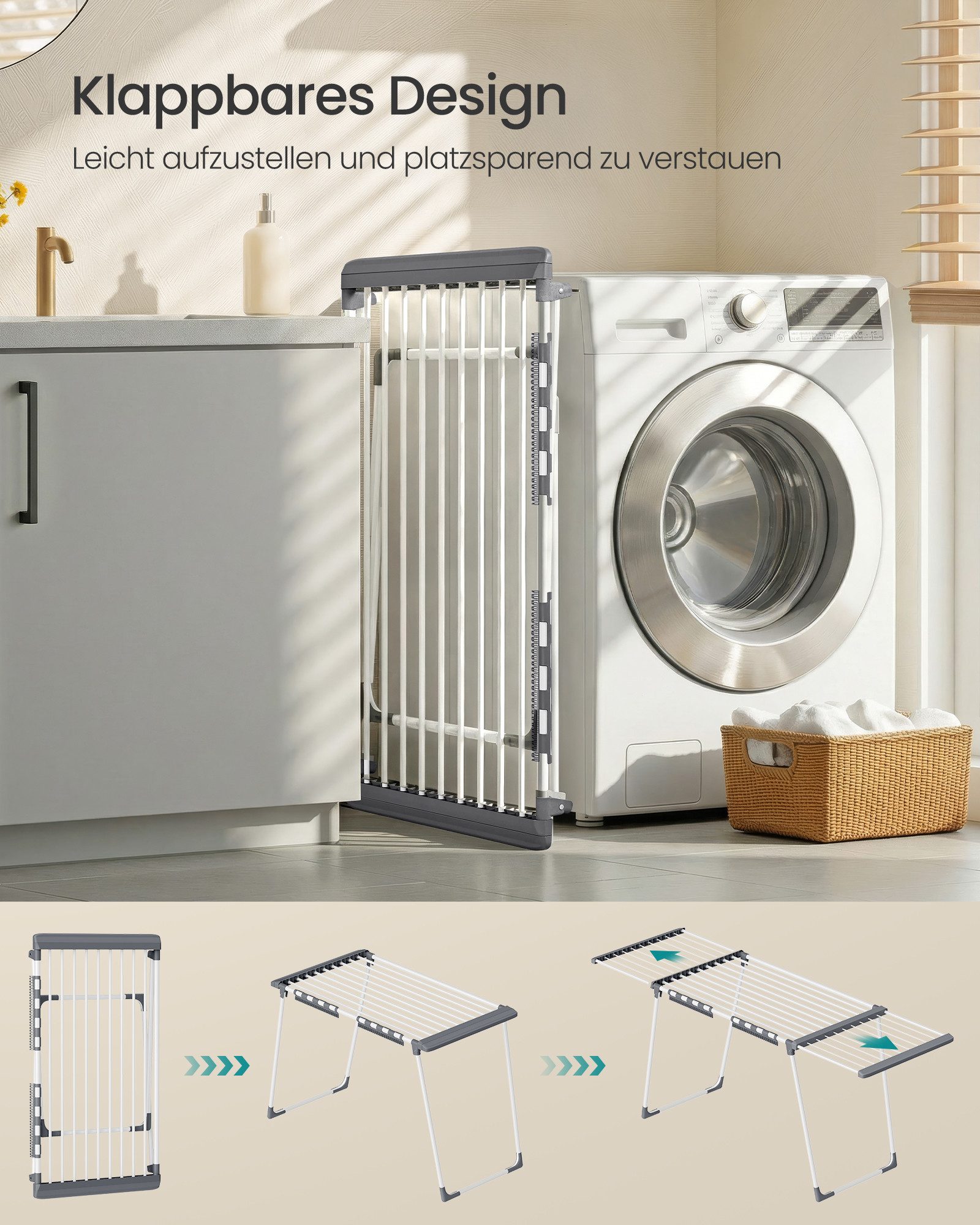 SONGMICS Wäscheständer Standtrockner, mit Sockenhalter, Metall, für Kleidung, Handtücher, ausziehbare Flügel, 22 m Trockenfläche, klappbar, perlweiß-taubengrau – Bild 5 von 5