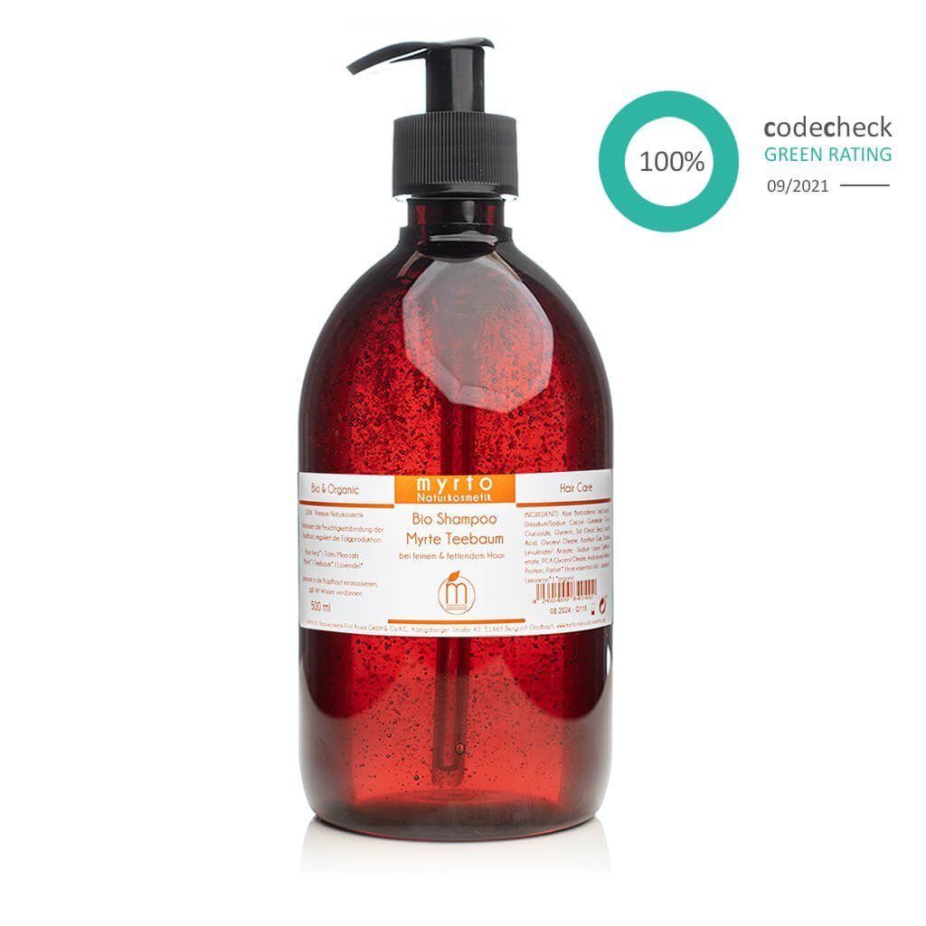 myrto Naturkosmetik Kopfhaut-Pflegeshampoo Natur Bio Shampoo Myrte Teebaum - ausgleichend bei fettiger Kopfhaut, frei von Alkohol, naturreine ätherische Öle, palmölfrei