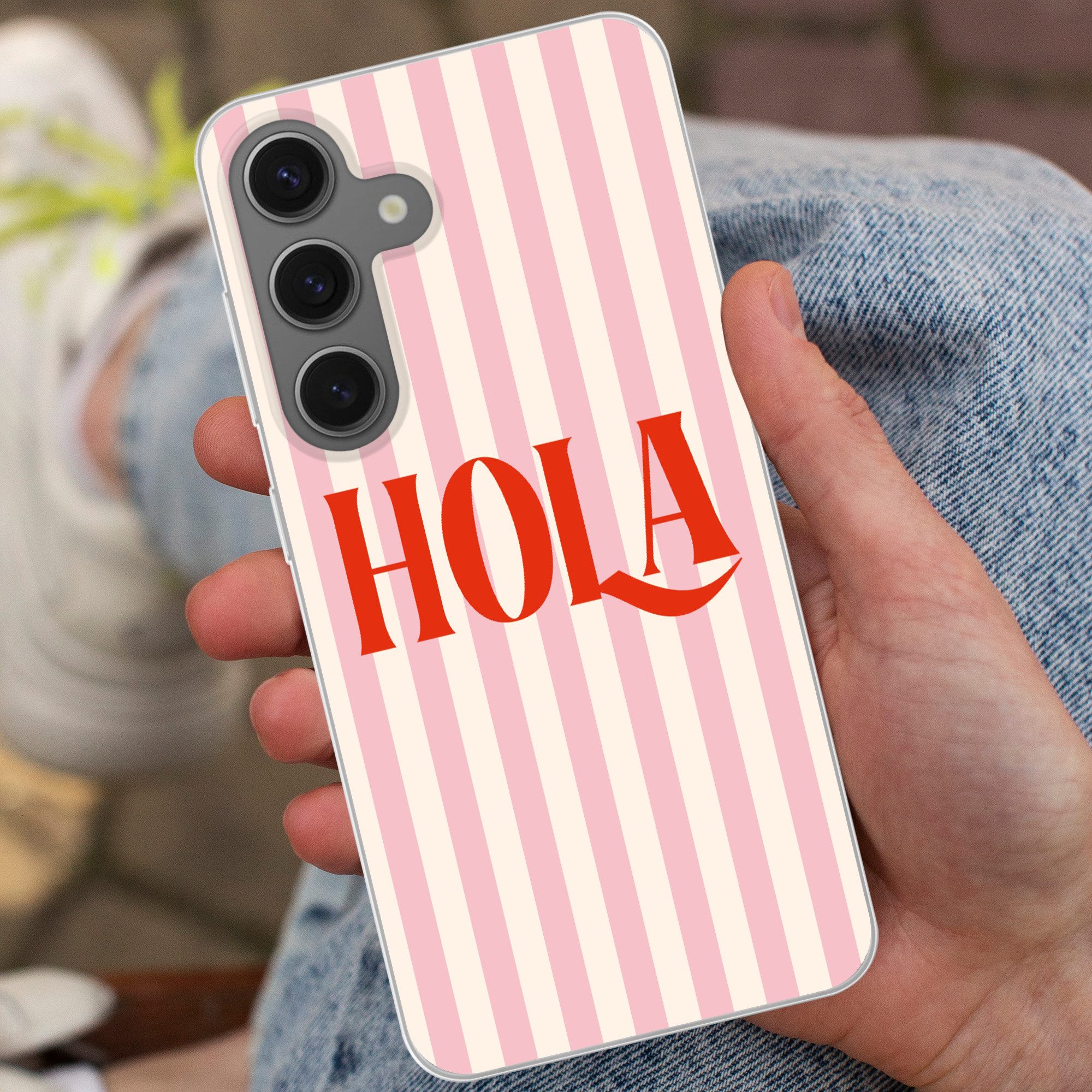 MuchoWow Handyhülle für Samsung Galaxy S25 Hola - Zitat - Streifen - Pastell - Rosa - Rot, Phone Case, Silikon, Schutzhülle Dünn