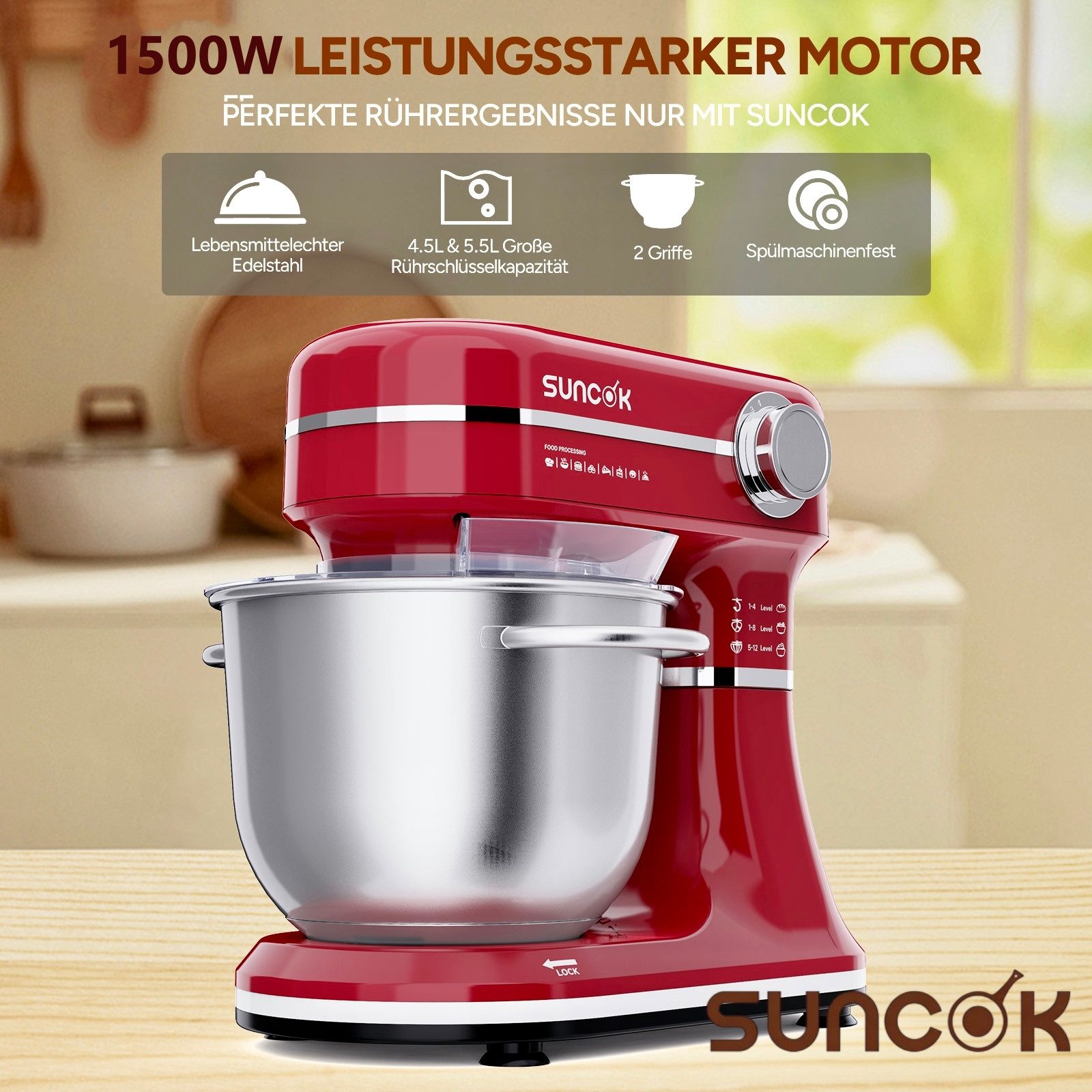 SUNCOK Küchenmaschine Multifunktionale Knetmaschine, 12-Geschwindigkeit, 59 Dezibel. geeignet zum Backen und Kneten von Teig, 1500 W, Elektrische Küchenmaschine,mit 2 Edelstahl-Rührschüsseln 4,5 und 5,5l