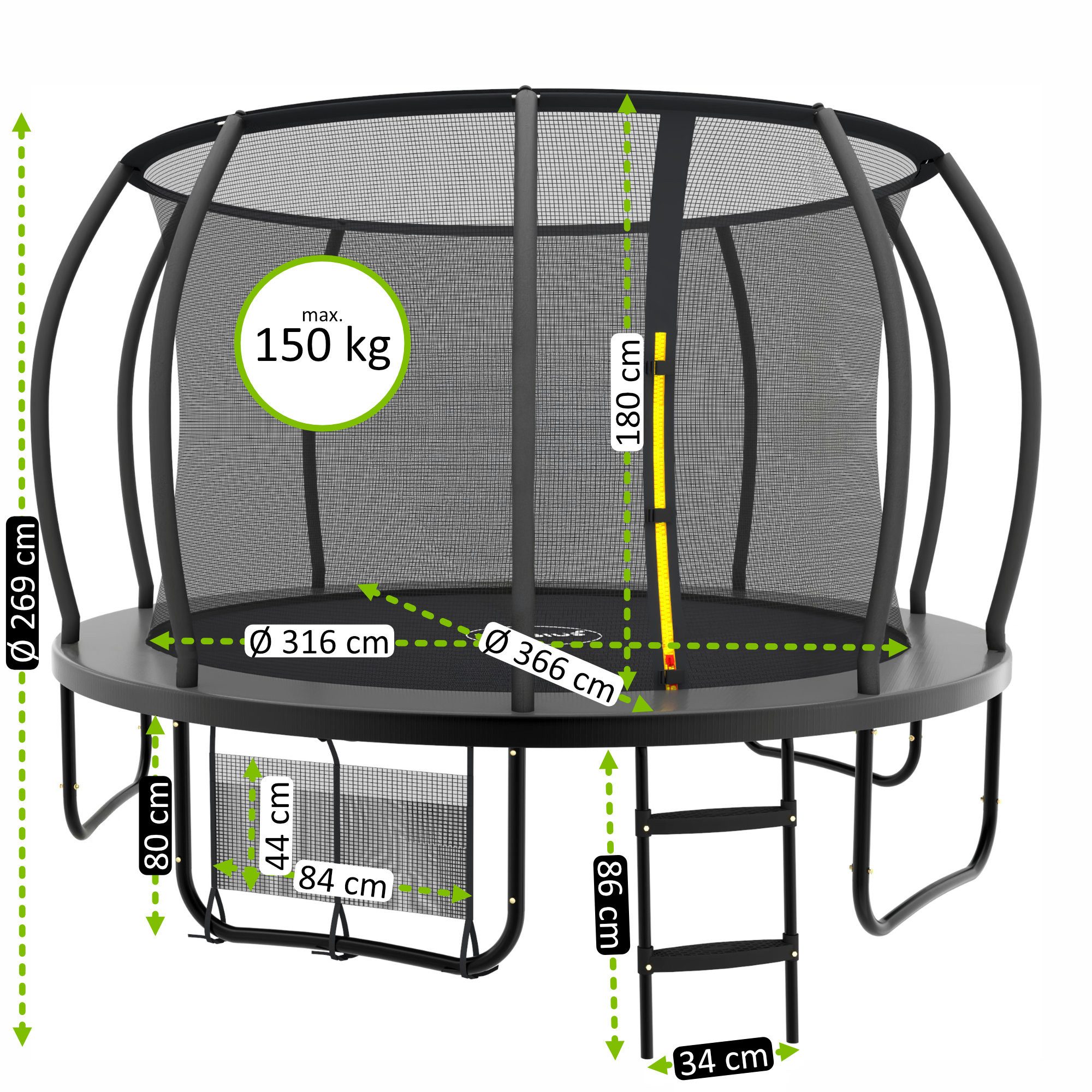 Zelsius Gartentrampolin Zelsius Trampolin Schwarz Ø 366 cm für den Outdoor-Bereich, Trampolin