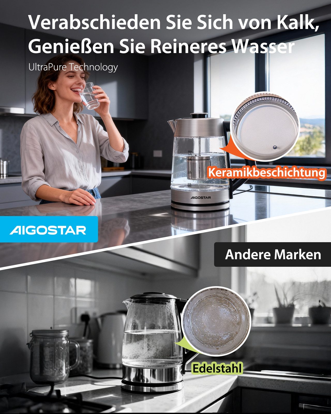 Aigostar Wasserkocher 5 präzise Temperatureinstellungen, Keramikbeschichtung, Kalkfrei, 1.7 l, 2200 W, Keramikbeschichtung, Schnelles Kochen, Warmhaltefunktion, BPA-frei