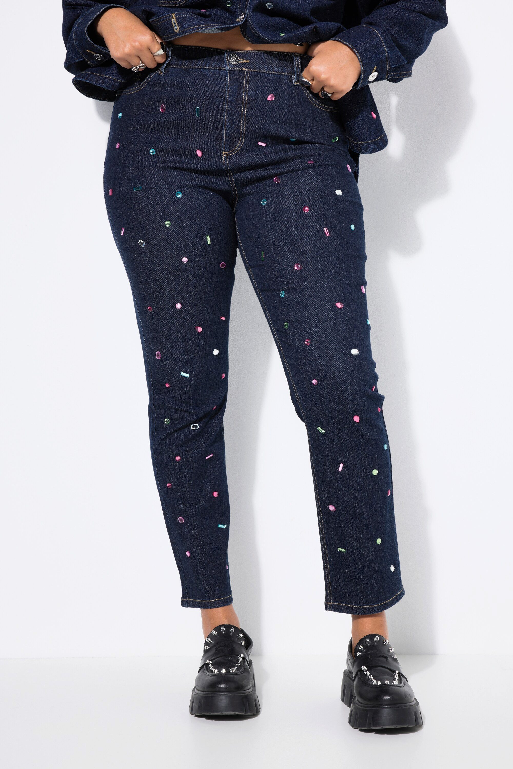 Studio Untold Funktionshose Mom-Jeans Wide Legs Glitzersteine 5-Pocket