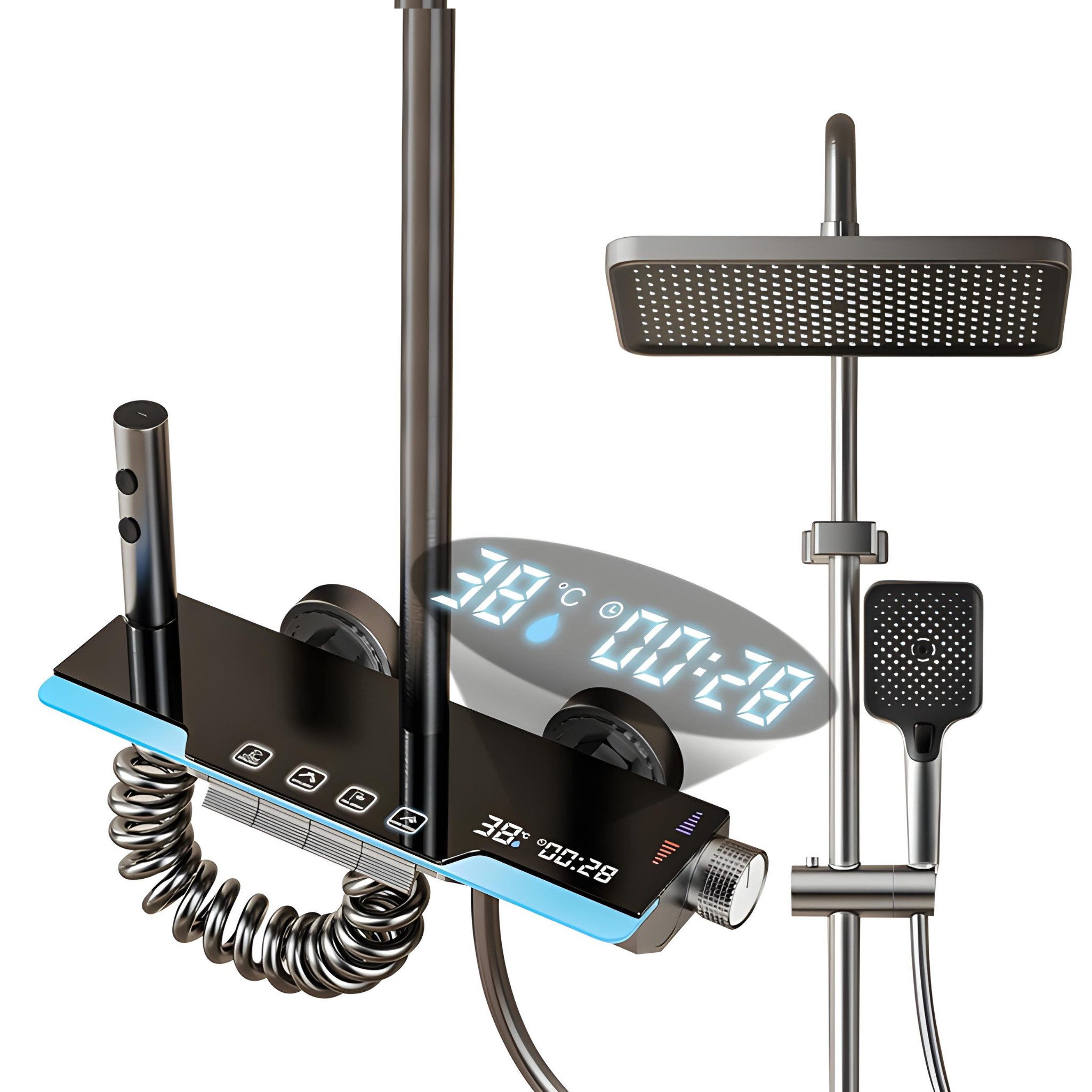 LuxaSteel Duschsystem Duschsystem Regendusche mit LED-Display, Handbrause, höhenverstellbar, 5 Strahlart(en), Komplett-Set, Komplettset mit Kopfbrause, Handbrause, Armatur und Brauseschlauch, LED-Display & Beleuchtung, höhenverstellbar 80–120 cm