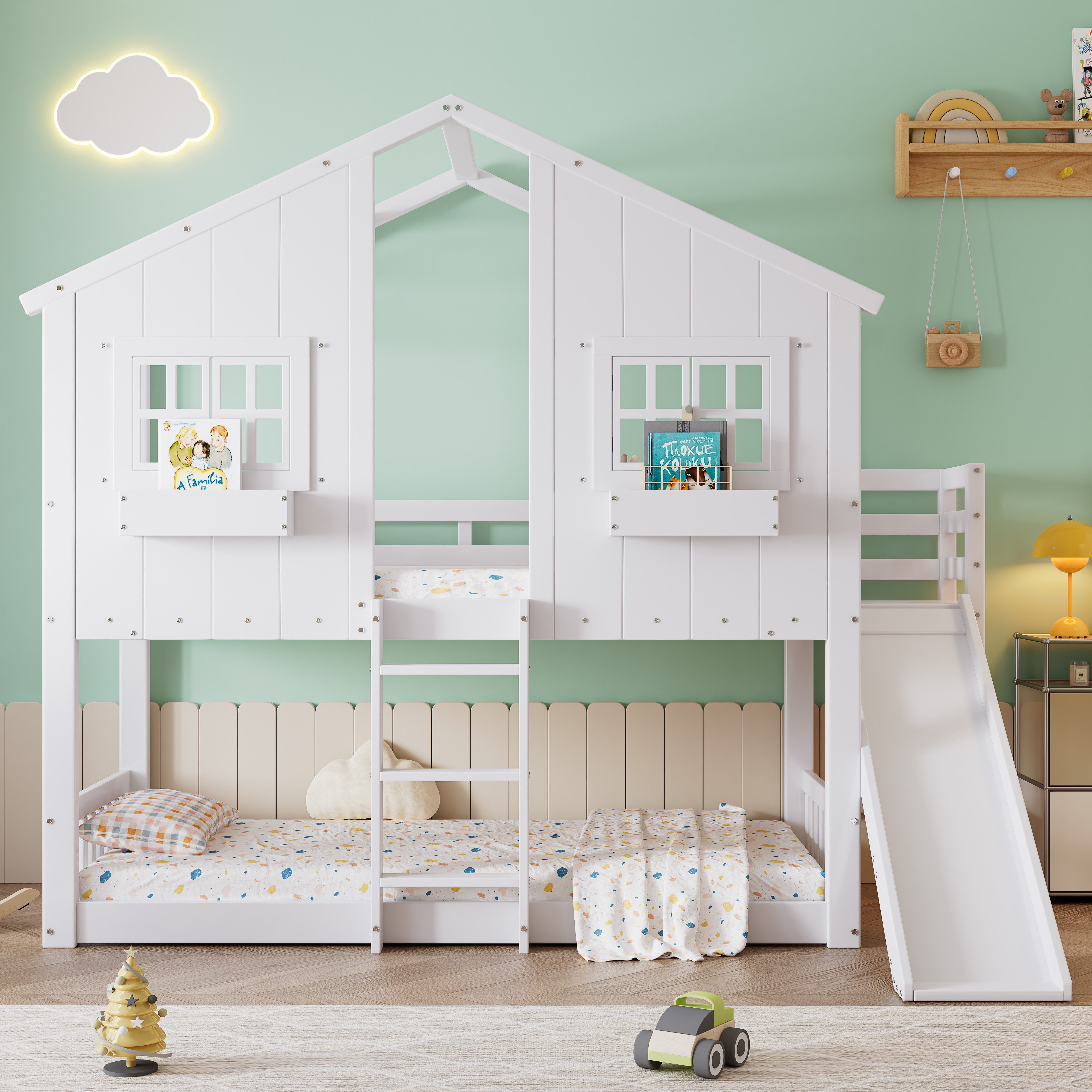 MODFU Etagenbett Kinderbett,Funktionsbett,Doppelbett (Etagenbett für Kinder mit Rutsche, Fenster und Dach., 90x200cm), ohne Matratze