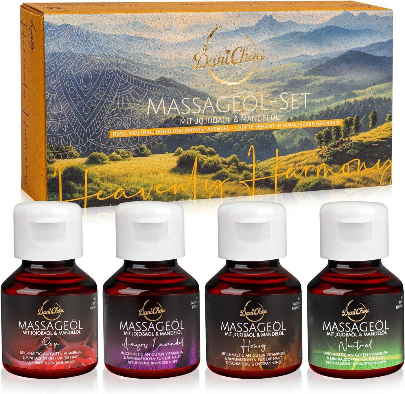 DaniChou Massageöl Heavenly Harmony Probierset - 4x 50ml Massageöle, Massage Öl, Wellness & Massage - Ideal als Geschenkset, 4-tlg., Natürliche Öle - Rose, Honig, Neutral, Amyris-Lavendel