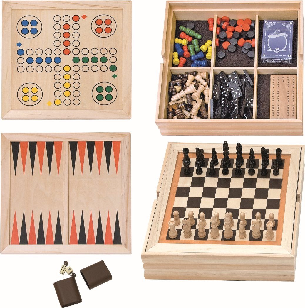 Woodyland Spielesammlung, 90076 Klassische Holz - Spielesammlung. Brett-, Karten-, Würfelspiele