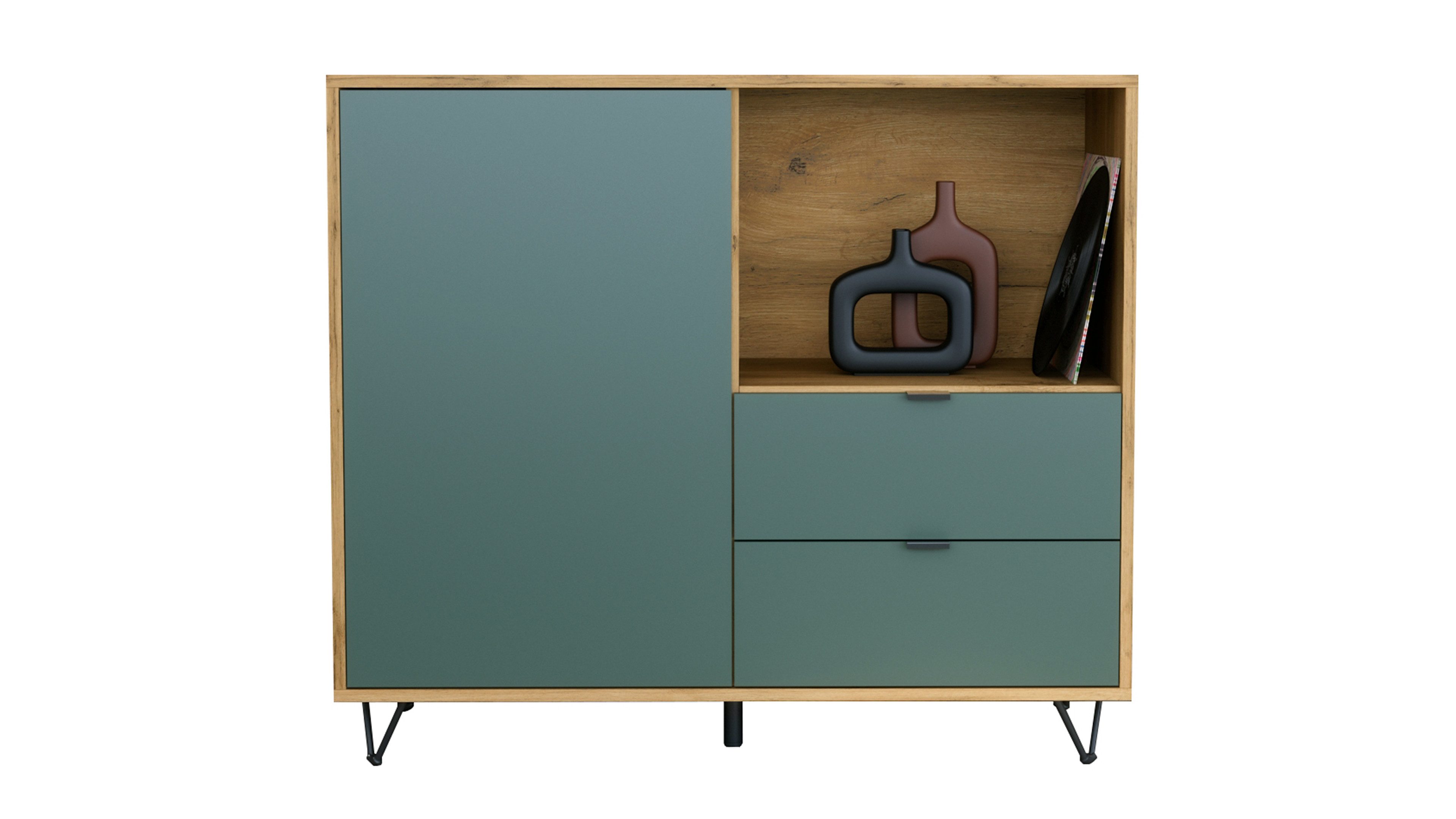 Vladon Kommode Marino (Kommode mit 1 Tür Fjord Grün, 2 Schubladen Fjord Grün, Made in Germany), Korpus Eiche Evoke (103 x 90,5 x 37 cm)