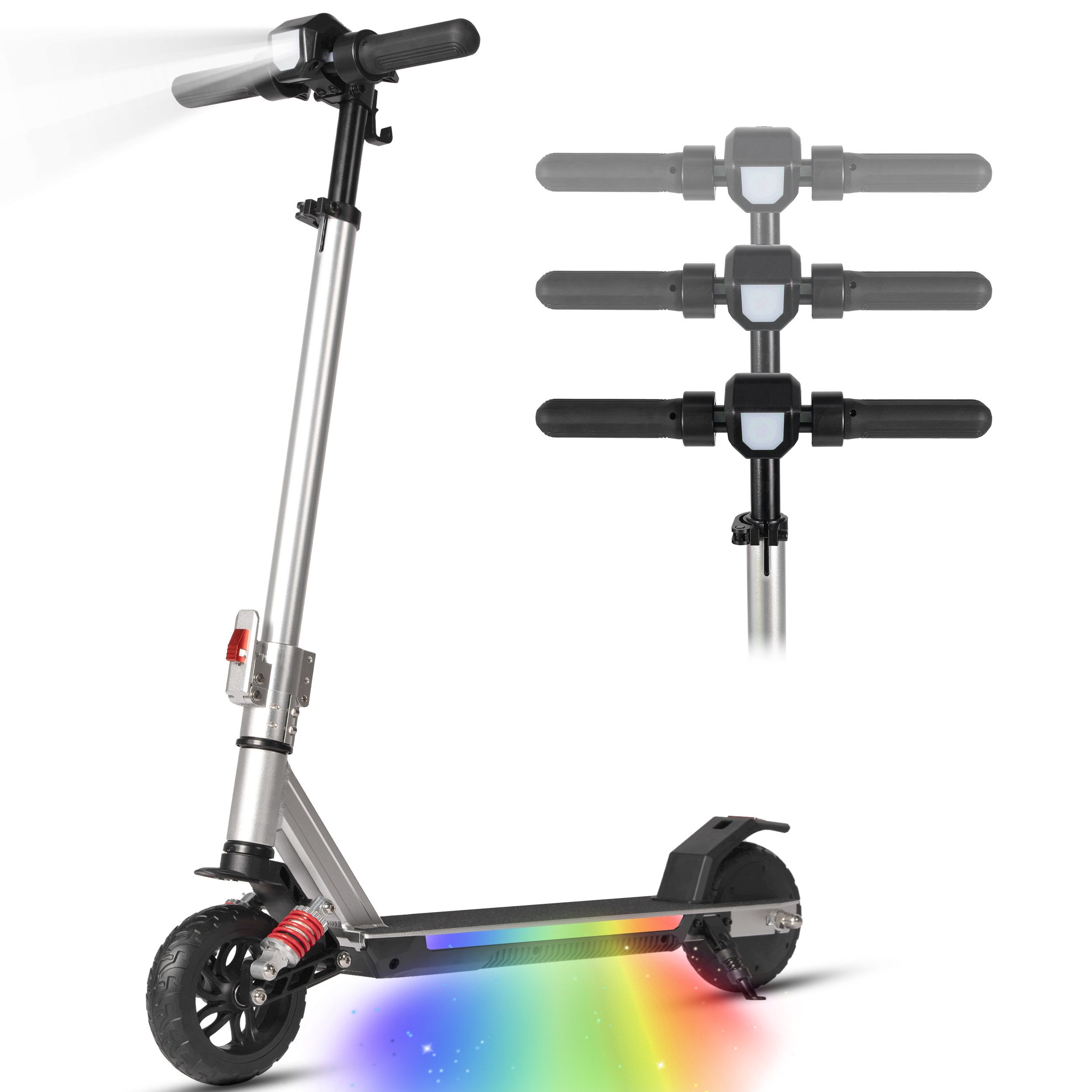 Vankel Elektro-Kinderroller ab 10 Jahre, E scooter für Kinder, klappbar, 15km, höhenverstellbar, EBS+Fußbremse, LED-Display, farbiger Beleuchtung, mit Haken, Federung
