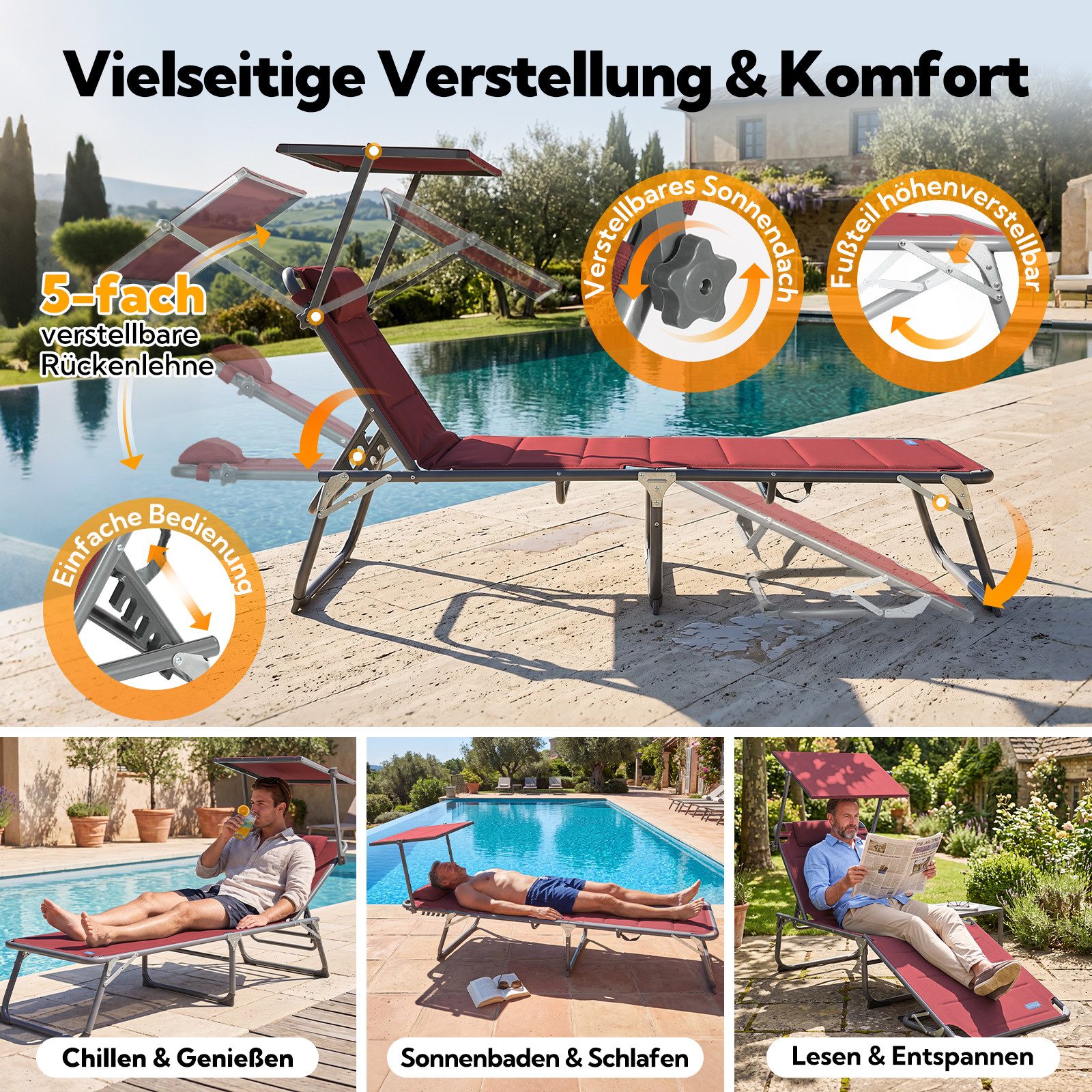 HOMECALL Gartenliege Sonnenliege AluLiege Liegestuhl Strandliege Liegen wetterfest, klappbar, Textilene Mit Dickemschnelltrocknende Schaumstoffpolsterung, Verst – Bild 3 von 5