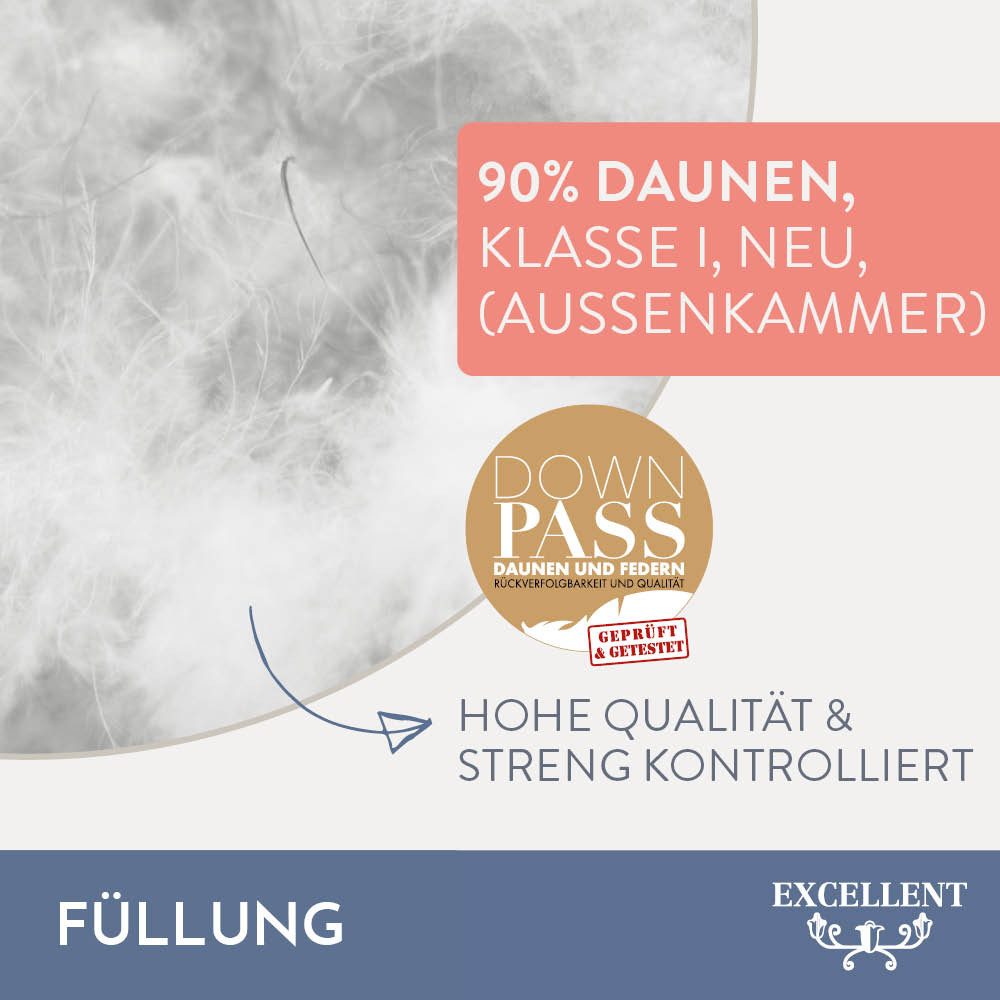 Excellent 3-Kammer-Kopfkissen Zürich, Kopfkissen in 40x80 und 80x80 und weitere Größen, Füllung: weiße neue Daunen und Federn, Klasse I, 90% Daunen / 10% Federn (Außen), weiße neue Federn, Klasse I, 100% Federn (Innen), Bezug: feiner Daunen-Batist, 100% Baumwolle, Rückenschläfer, Seitenschläfer, allergikerfreundliches Kissen & hergestellt in Deutschland