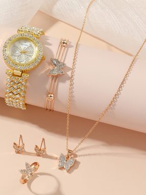 KUGI Quarzuhr Damenuhr Set Damen Halskette aus Metall Ohrringe, (Quarzuhren, Halsketten, Armbänder, zwei Ohrstecker und ein Ring sind modische Accessoires, die mit verschiedenen Kleidungsstilen und Taschen kombiniert werden können, 5-tlg)