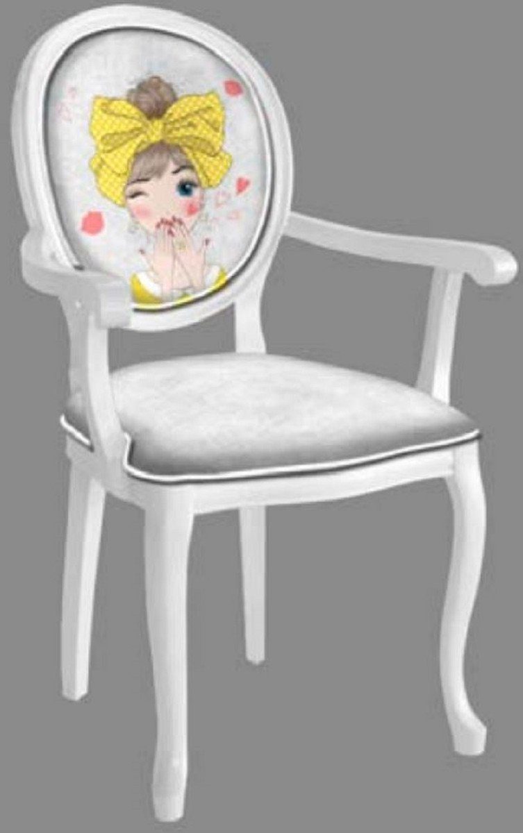 Casa Padrino Esszimmerstuhl Barock Esszimmerstuhl Grau / Mehrfarbig / Weiß - Handgefertigter Antik Stil Stuhl mit Armlehnen - Esszimmer Möbel im Barockstil