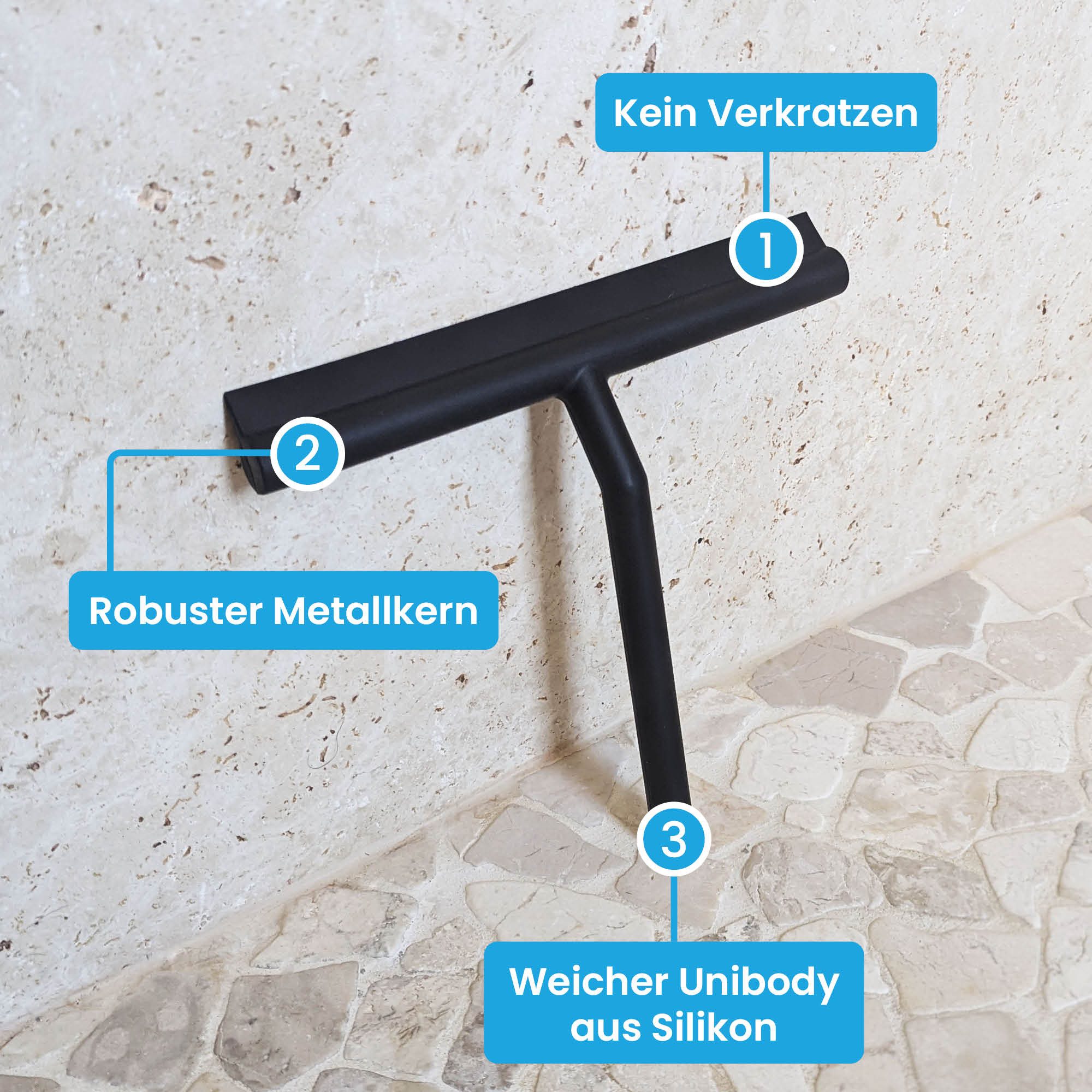 Bächlein Duschabzieher Glasabzieher Silikon - Abzieher Dusche, Haltehaken + Wasserabzieher, 21 cm breit