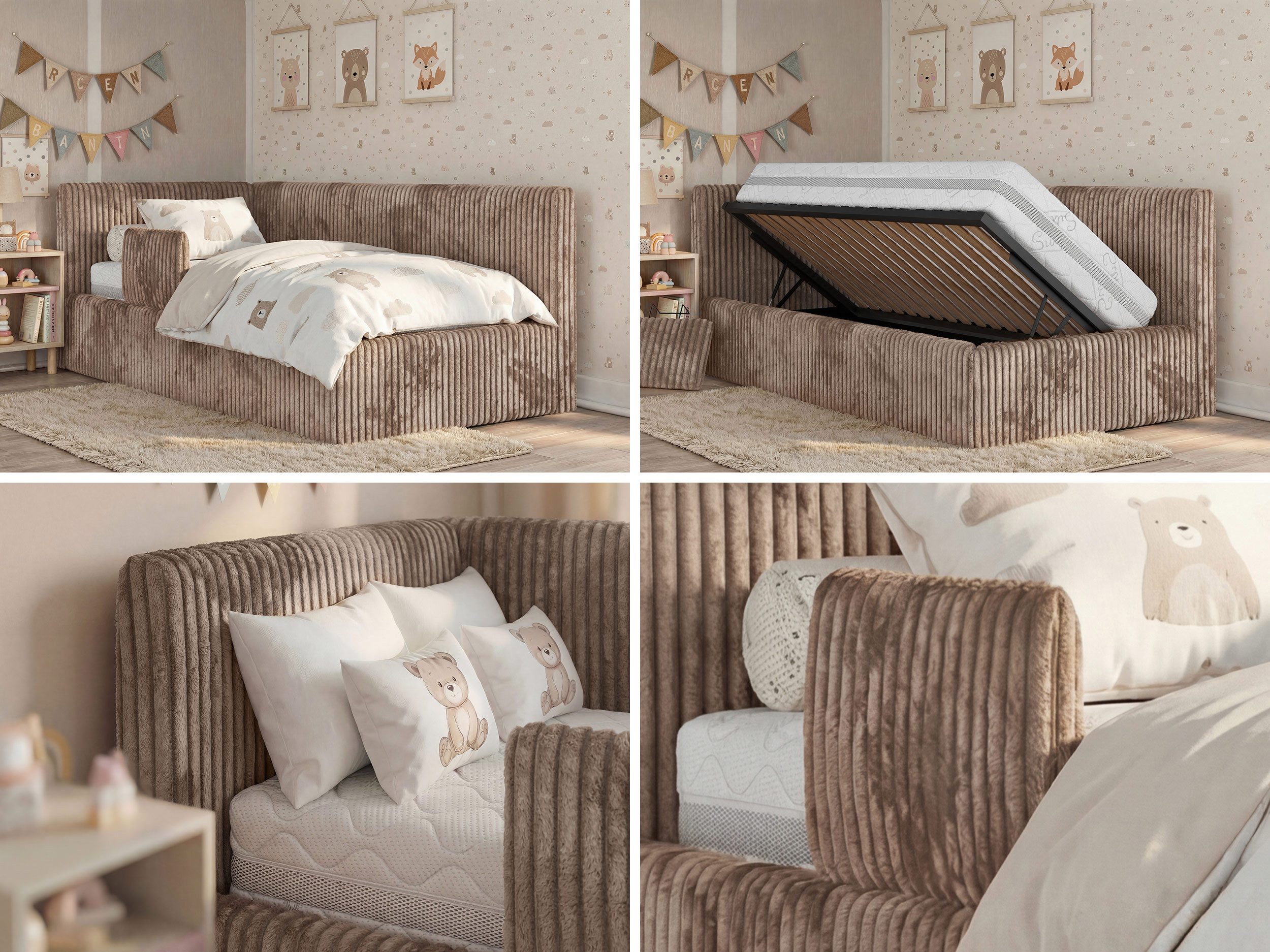 MKS MÖBEL Kinderbett TILVO ALTA (Set, Cordstoff Bett, inkl. Lattenrost, Bettkasten, Sicherheitsbarriere & Kopfteil), Eckbett mit Stauraum, Rausfallschutz & Gasdruckfedern