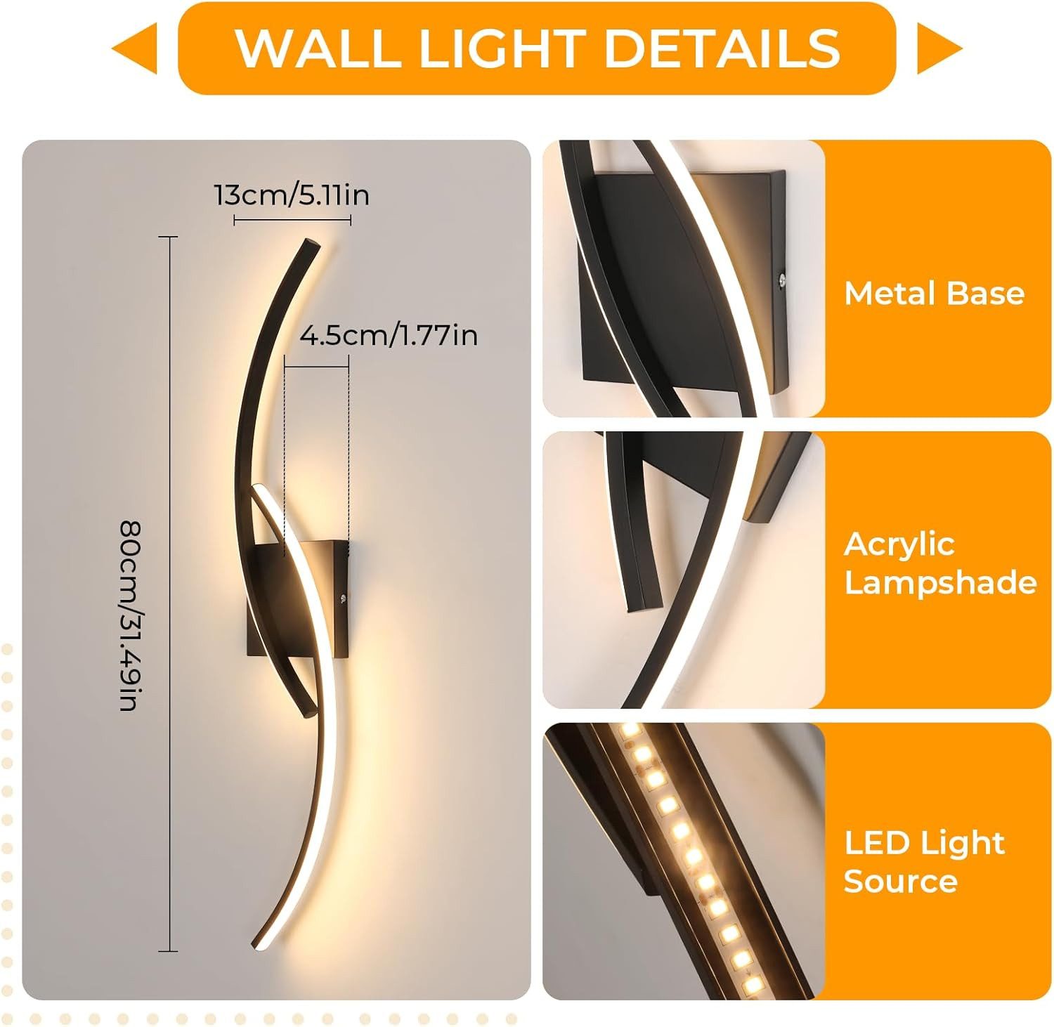 Riserva Wandleuchte Moderne Wandleuchte Treppe 80cm Schwarz 25W LED 3000K Warmweiß, LED wechselbar