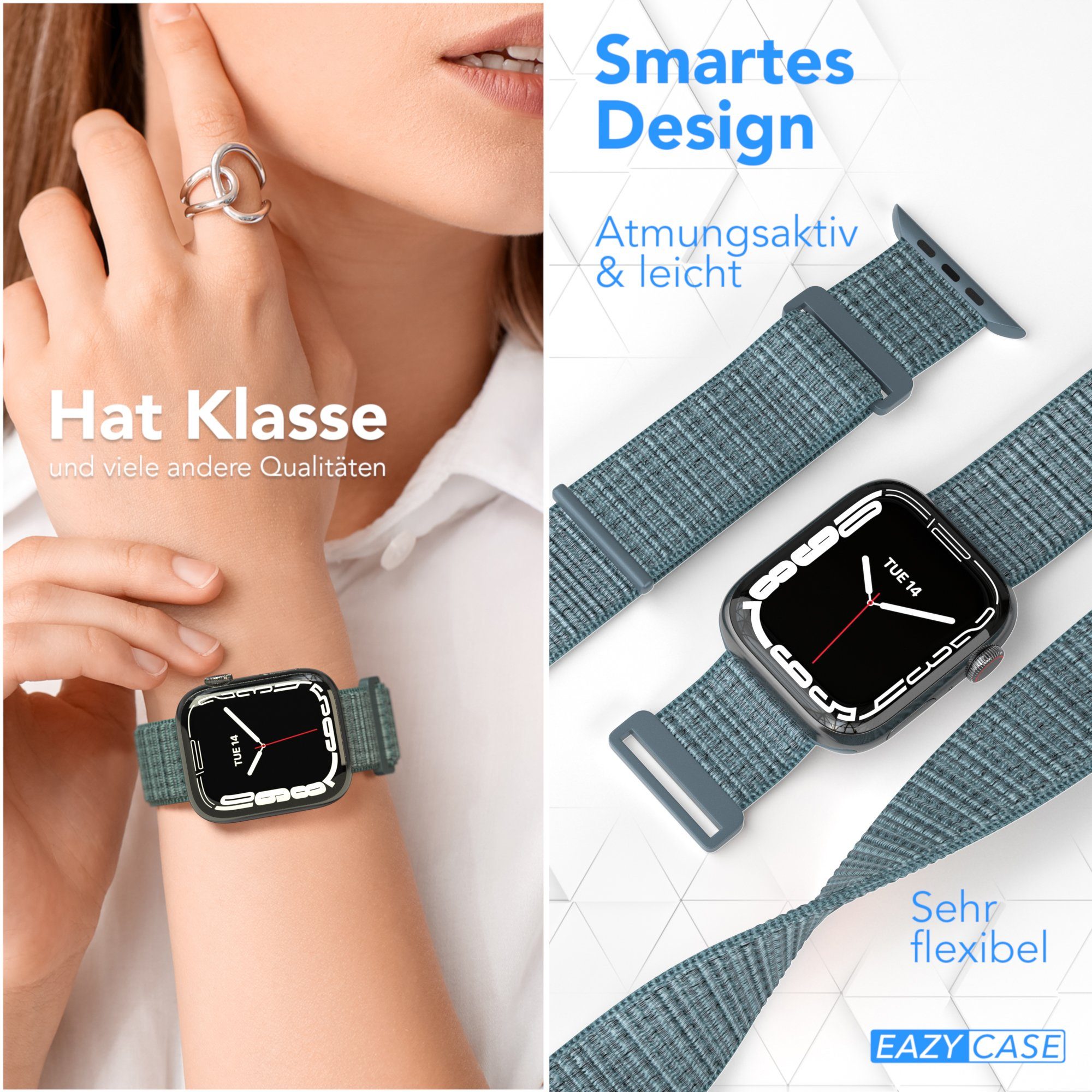 EAZY CASE Uhrenarmband Nylon Band für iWatch 11 10 9 8 7 6 5 4 3 2 SE Ultra, Uhrenarmband Watch Series 44mm - 49mm Unisex Klettverschluss Blau Grau