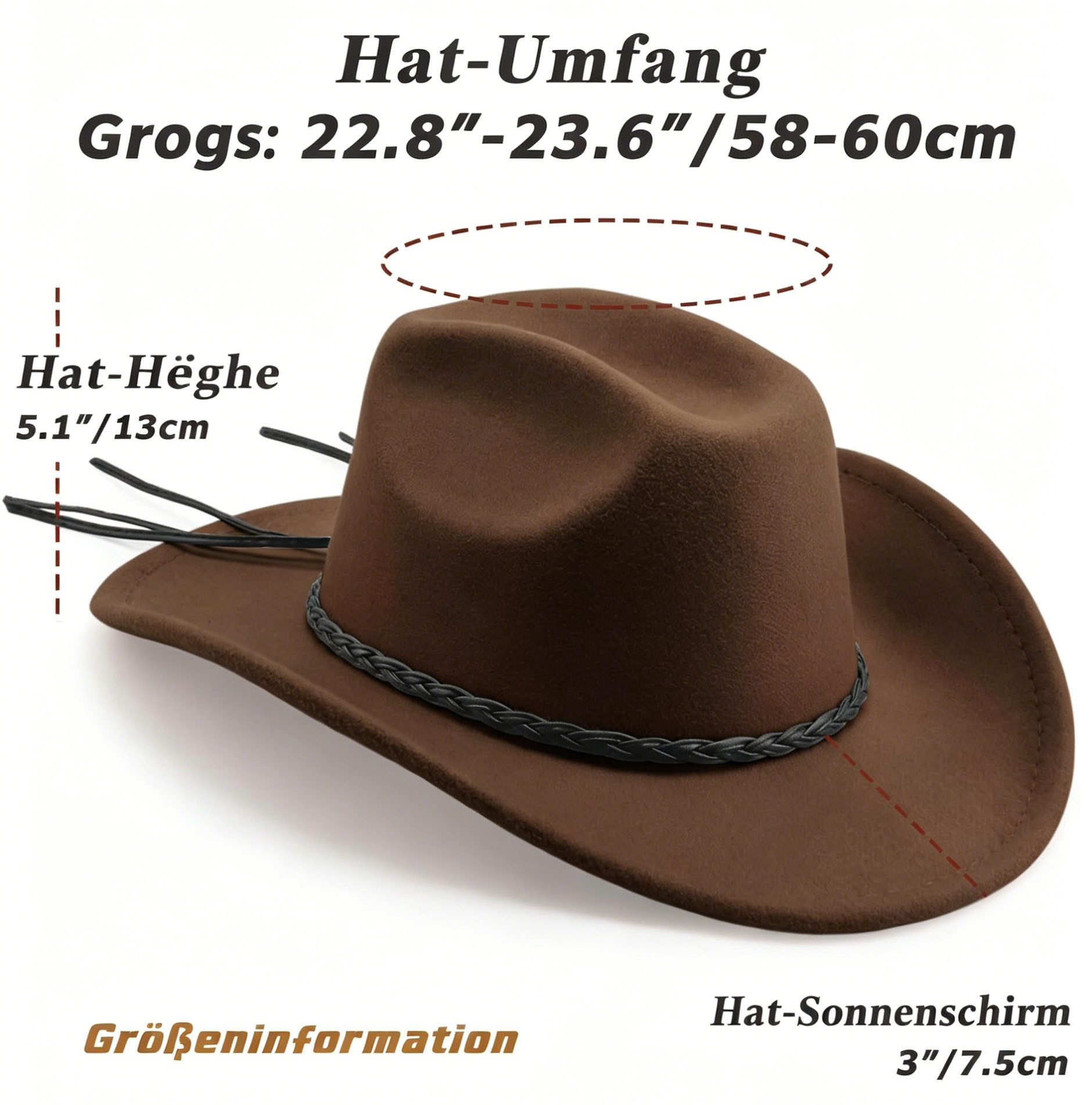 nsihing Cowboyhut Vintage Western-Cowboyhut, Unisex breitkrempiger Filzhut, Outdoor-Sonnenschutzhut