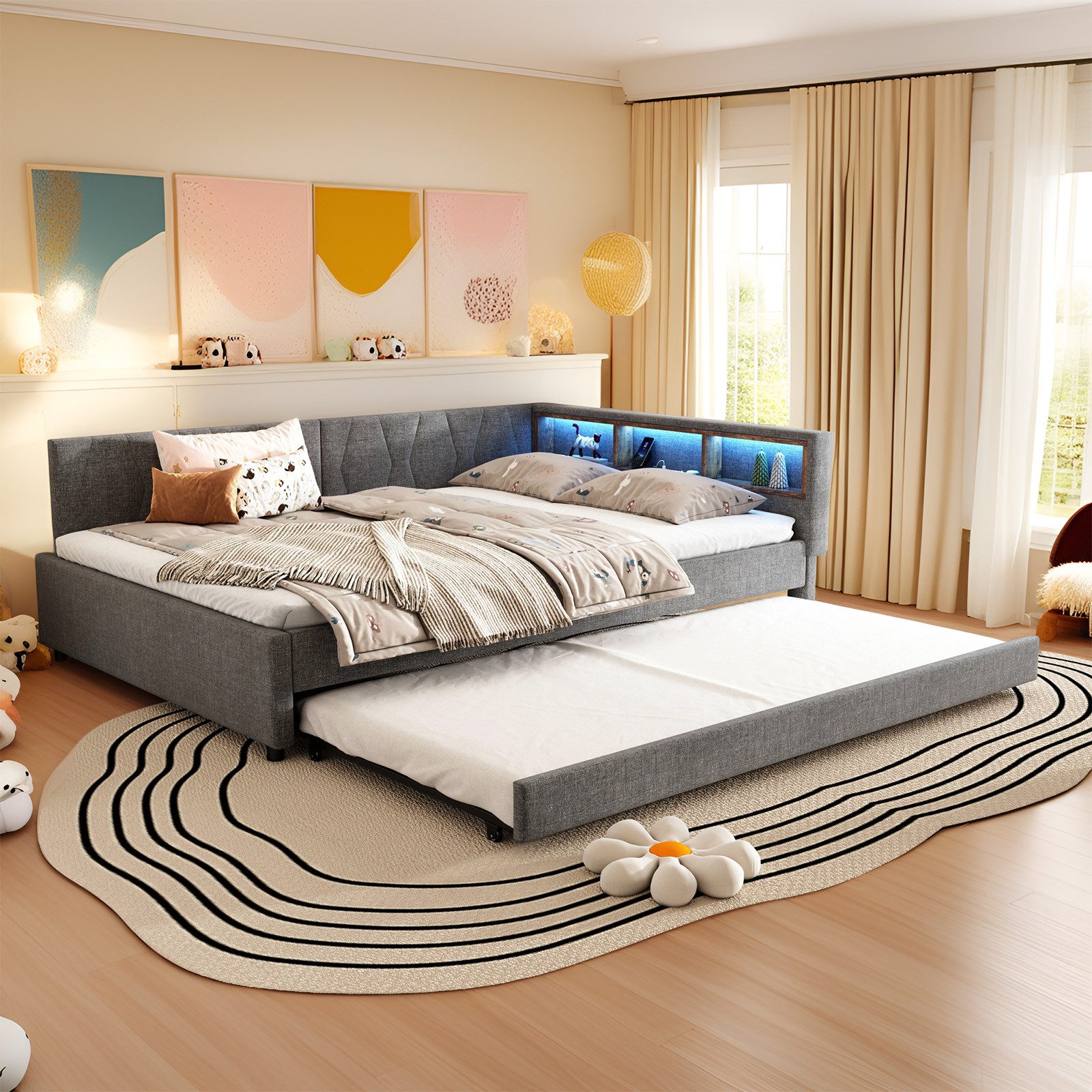 REDOM Schlafsofa Modernes Polsterbett mit LED-Beleuchtung, USB-Ladeanschluss und ausziehbarem Rollbett, Kompaktes Schlafsofa mit Stauraum, Ohne Matratze