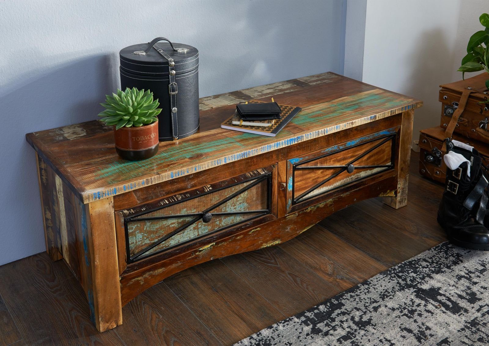 Massivmoebel24 Schuhbank NATURE OF SPIRIT (Altholz 120x45x40 mehrfarbig lackiert NATURE OF SPIRIT #110), Altholz 120x45x40 mehrfarbig lackiert NATURE OF SPIRIT #110